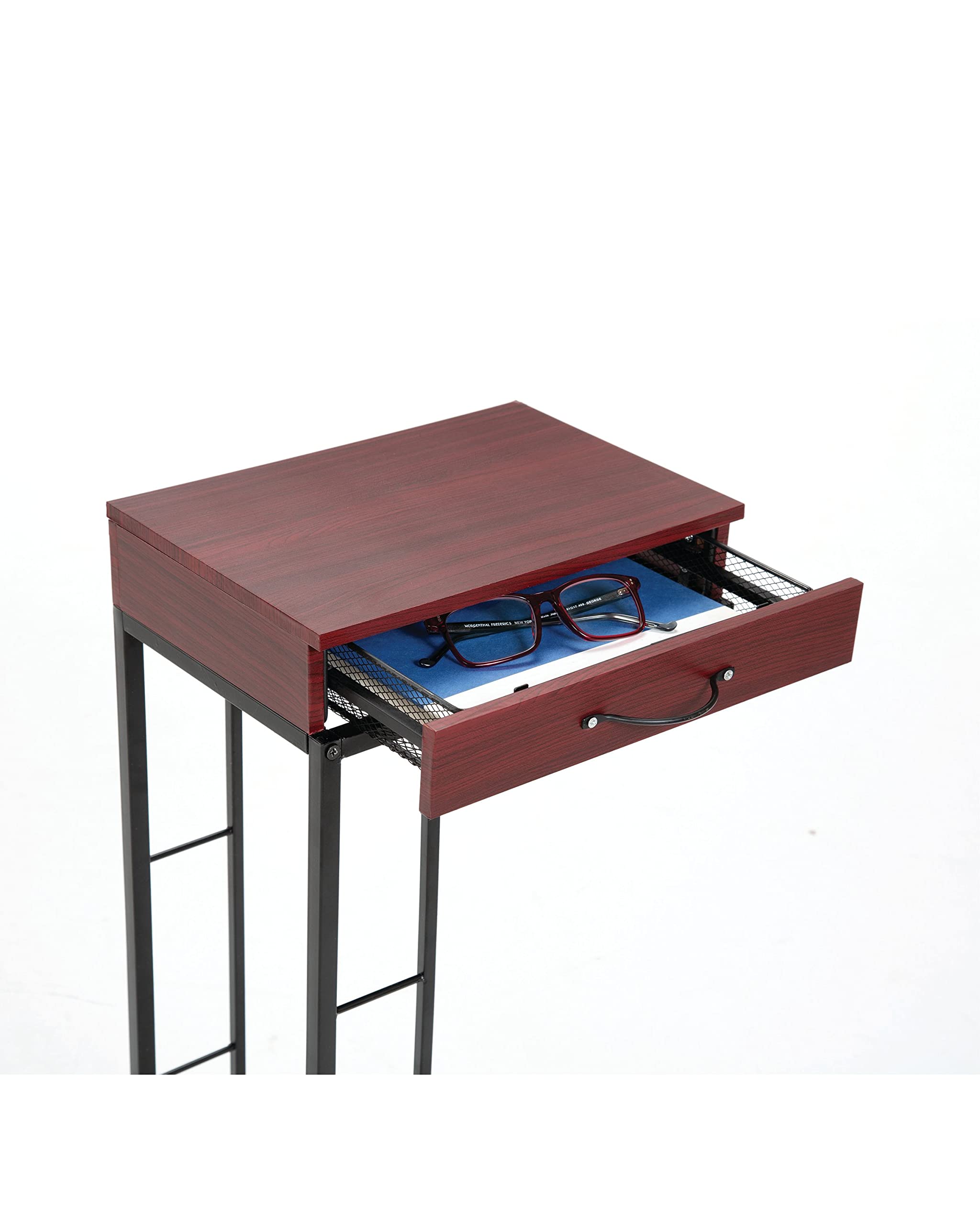 E.P.C. Wood and Metal Rolling Side Table with Drawer - Mobile End Table for Living Room, Bedroom, Office - Sturdy Rolling Cart with Storage Drawer for Home Decor and Organization