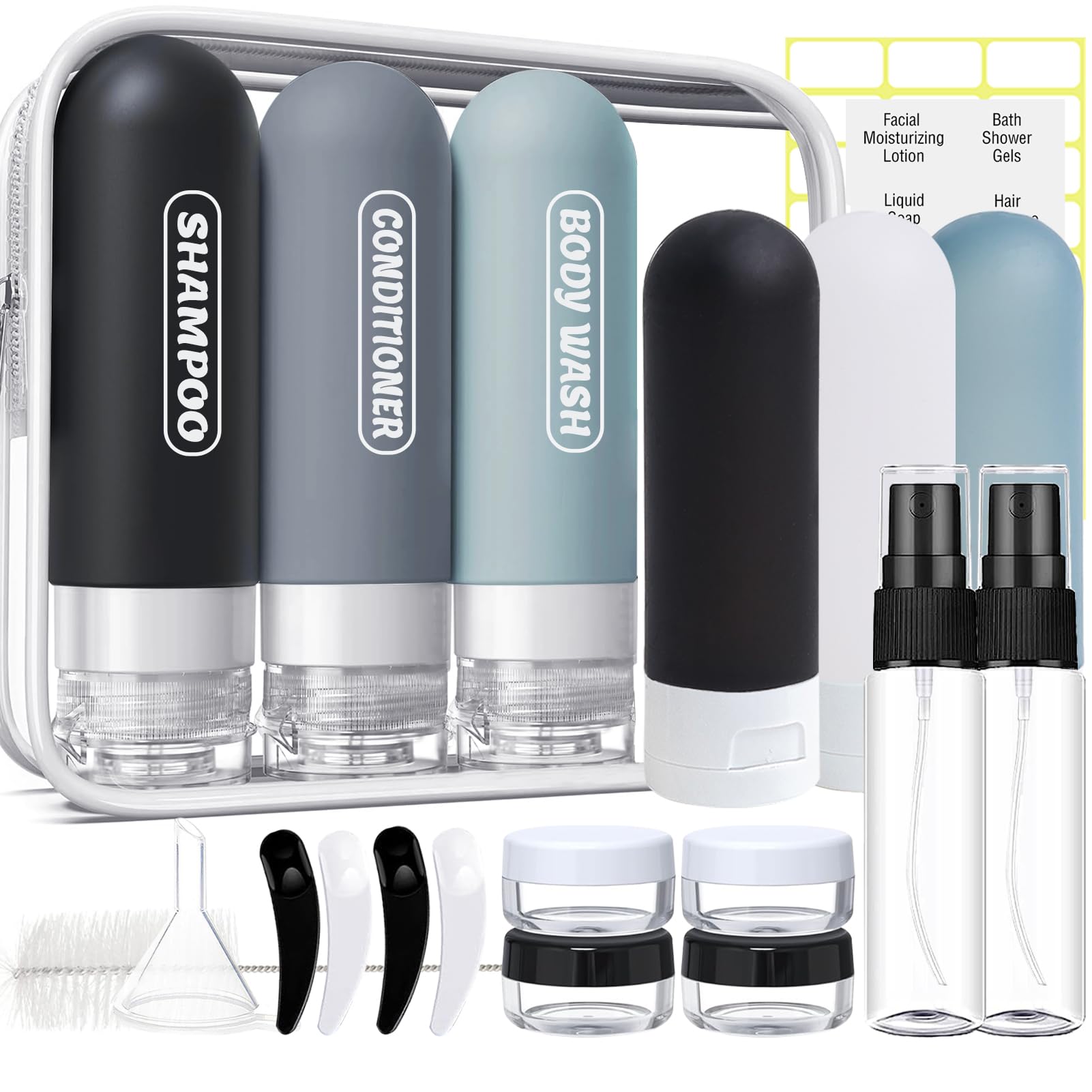 20 Pack TSA Approved Travel Bottles Set - Leak Proof Refillable Toiletries Containers for Shampoo, Conditioner & Cosmetics | Perfect for Air Travel, Gym & Vacation Essentials (Dark Color)