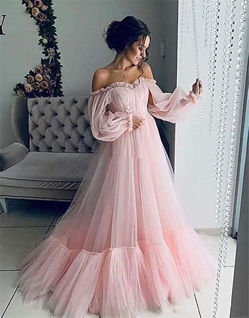 Elegant Pink Off Shoulder Open Back Prom Dress for Women - Long Sleeve Quinceañera Gown for Formal Events, Homecoming & Special Occasions