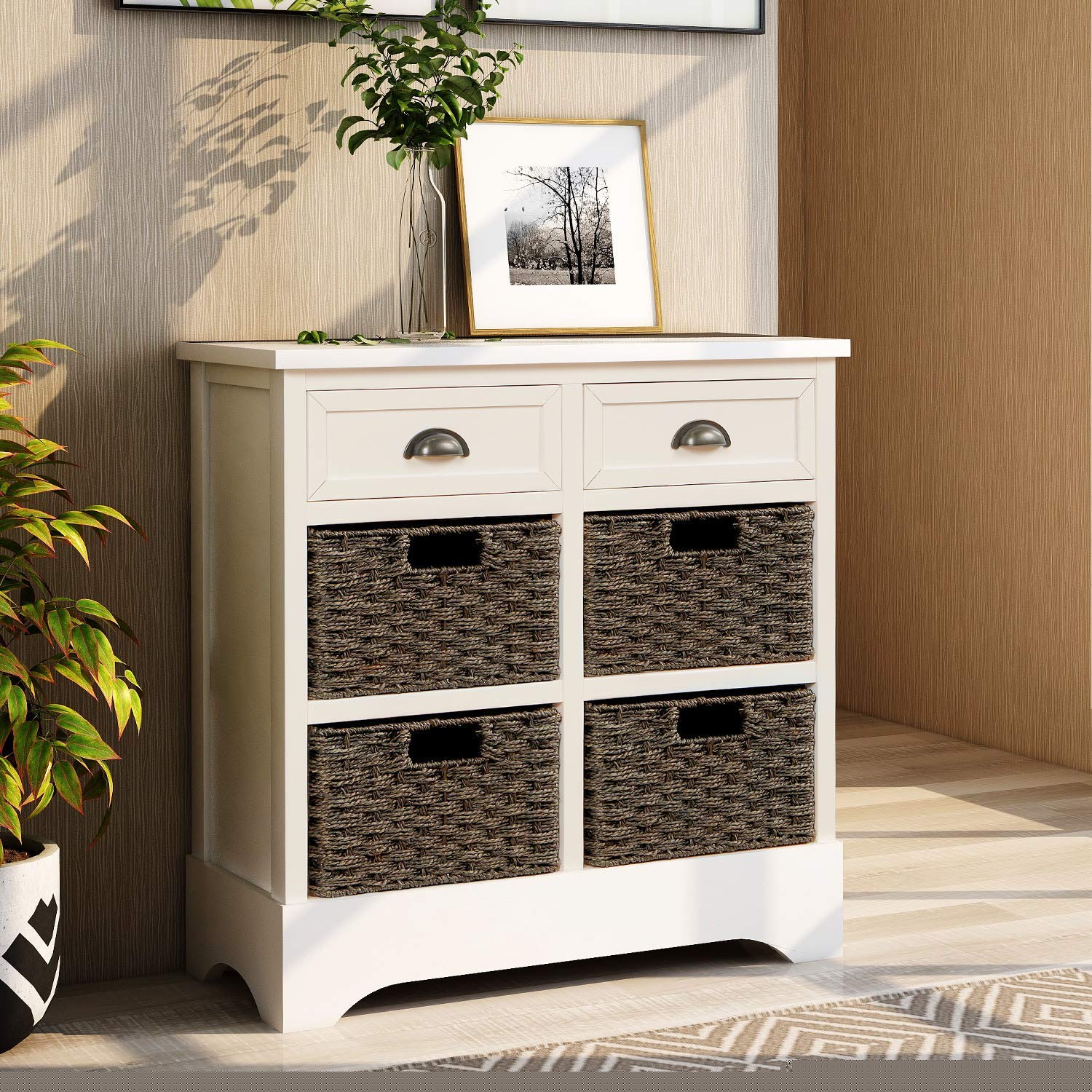 Rustic White Storage Cabinet with 2 Drawers & 4 Rattan Baskets - Kitchen, Dining Room, Entryway, Living Room Organizer - Perfect for Home Decor and Storage Solutions