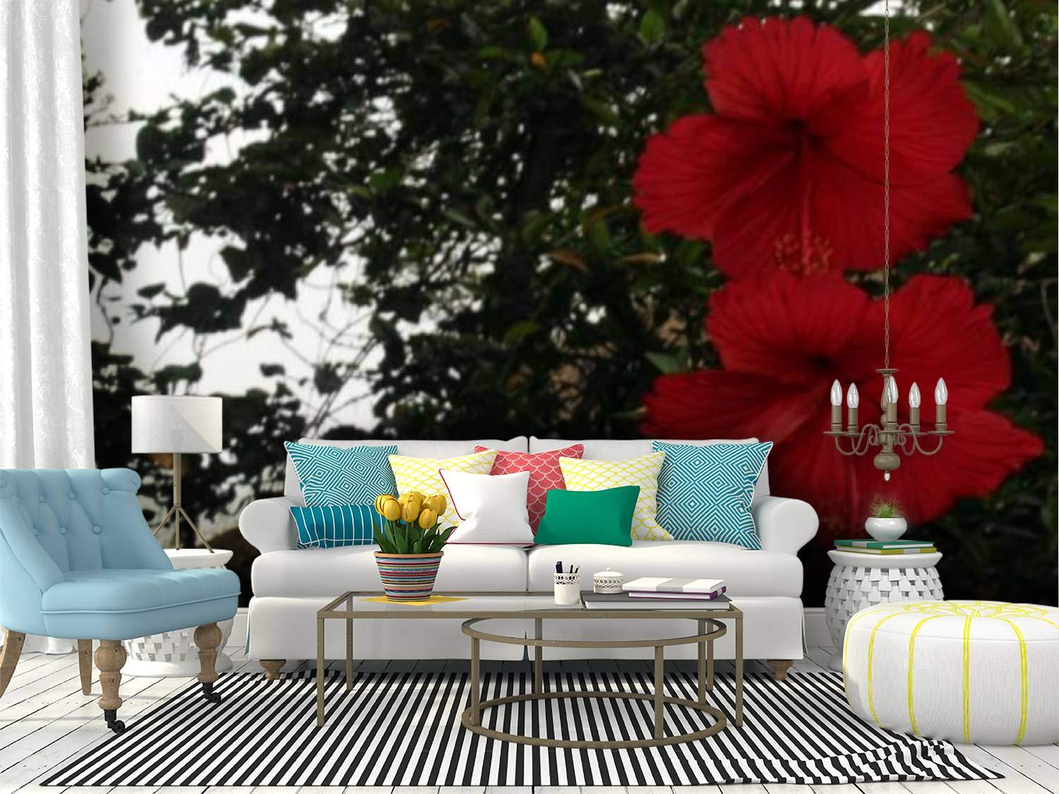 RECETHROWS Red Hibiscus Flowers Peel and Stick Wallpaper - Self-Adhesive Vinyl Wall Mural for Home Decor, Dark Background, Large Removable Wall Sticker (Perfect for Living Room, Bedroom, or Office Accent Wall)