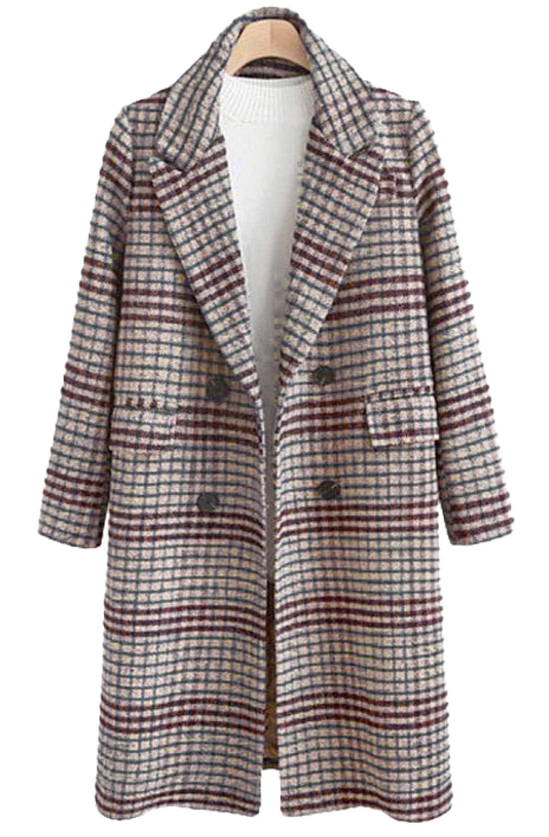Women's Classic Notched Collar Double Breasted Plaid Wool Blend Long Trench Coat - Stylish Winter Outerwear for Office, Dating & Formal Occasions