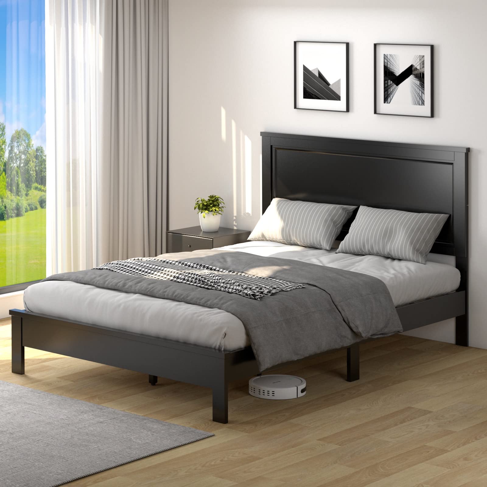 KOMFOTT Full Size Wood Platform Bed Frame with Headboard - Solid Wood Mid Century Modern Bed Frame with Slat Support & Under Bed Storage - No Box Spring Needed - Black - Perfect for Bedroom, Guest Room & Small Space Living