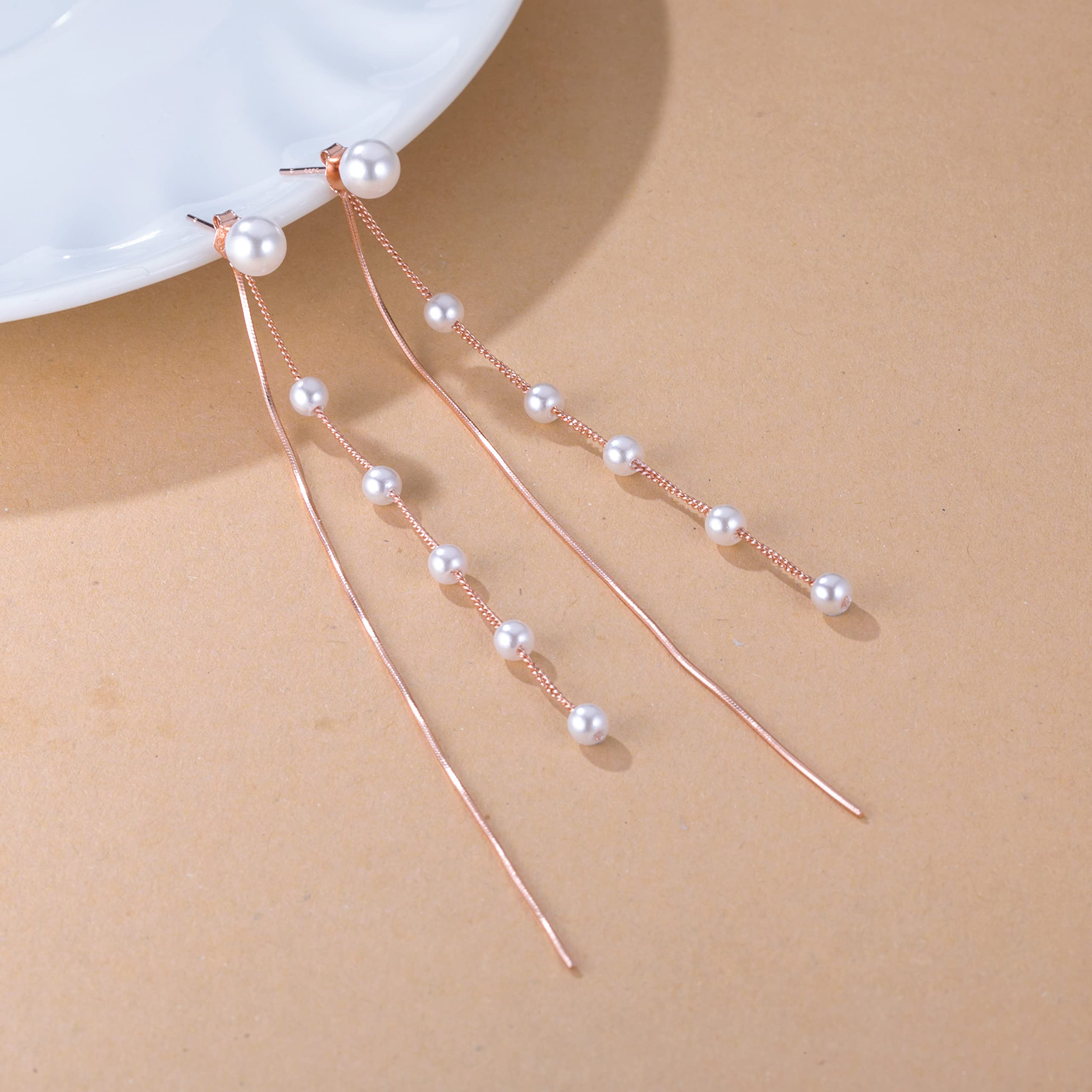 925 Sterling Silver Simulated Shell Pearl Dangle Earrings for Women - Elegant Long Chain Tassel Earrings for Teens, Wedding, Party & Special Occasions