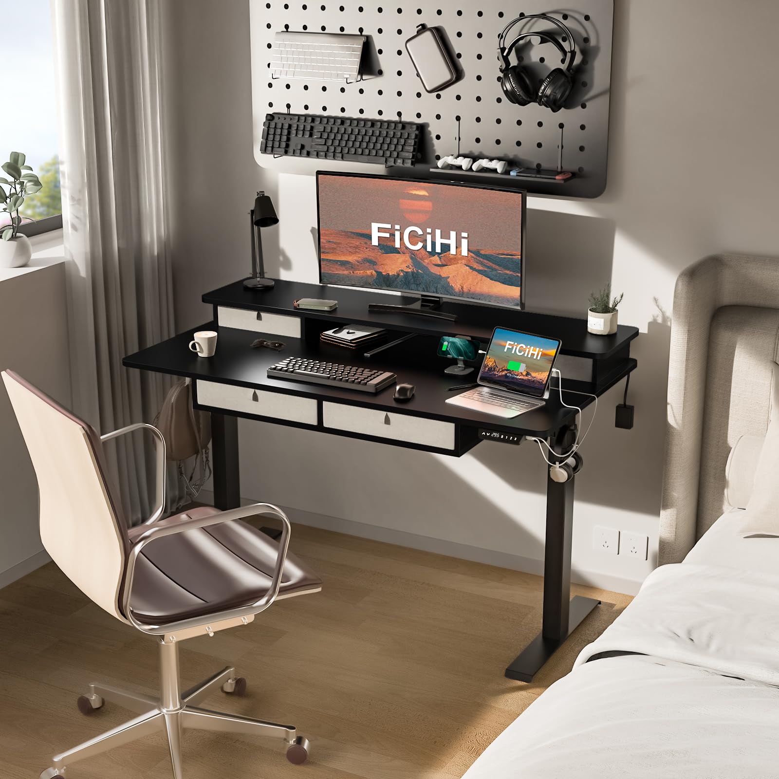 Adjustable Height Electric Standing Desk with 4 Drawers & Wheels - 55 x 30 Inches Home Office Desk with 3 Memory Presets, Monitor Stand Riser & USB A/C Charging Port - Perfect for Ergonomic Workstations & Small Spaces