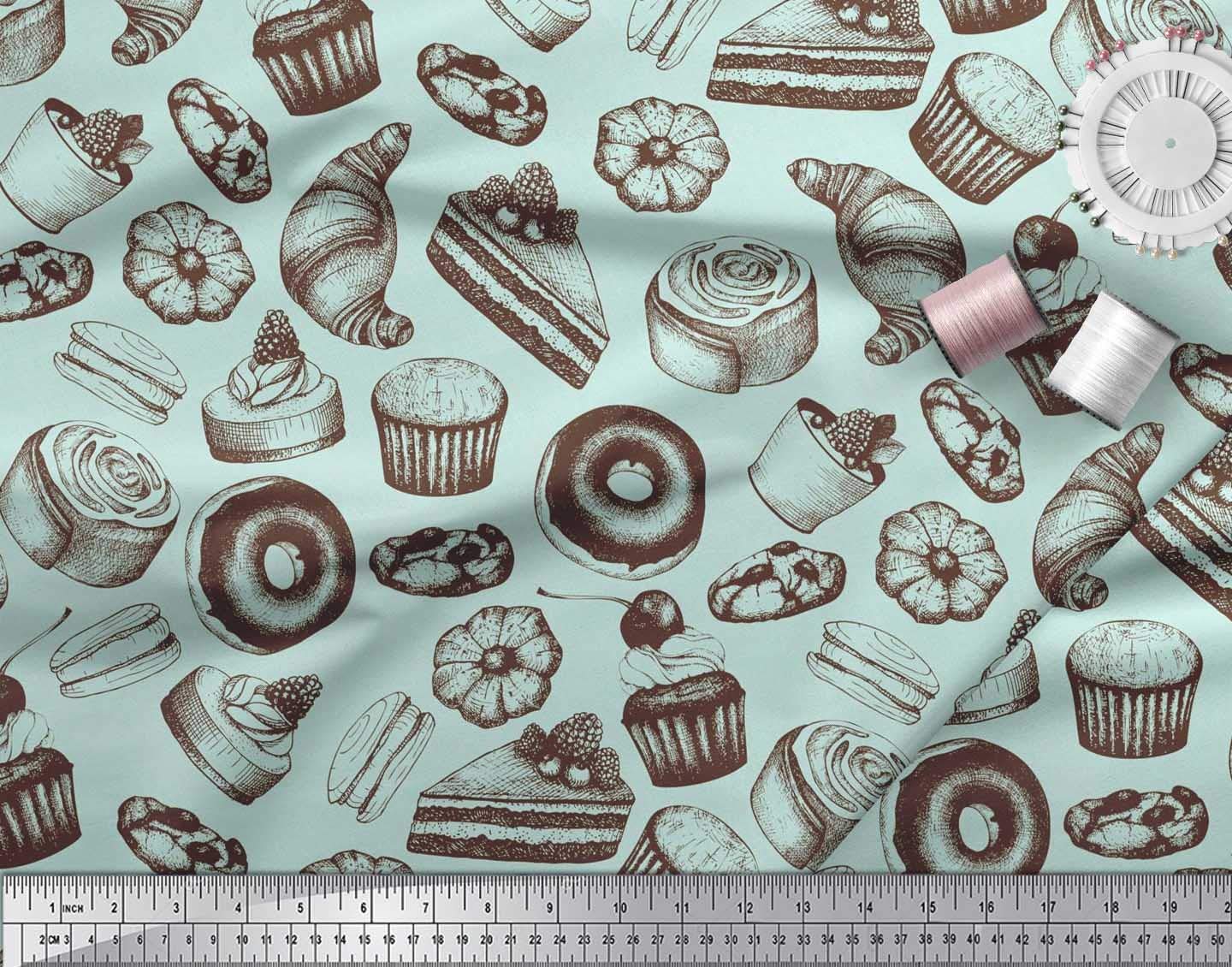 Soimoi Viscose Chiffon Fabric - 42 Inch Wide Green Printed Fabric with Cupcake, Donut & Cookies Food Pattern - Perfect for DIY Crafts, Sewing Projects, Party Decorations, and Costume Making