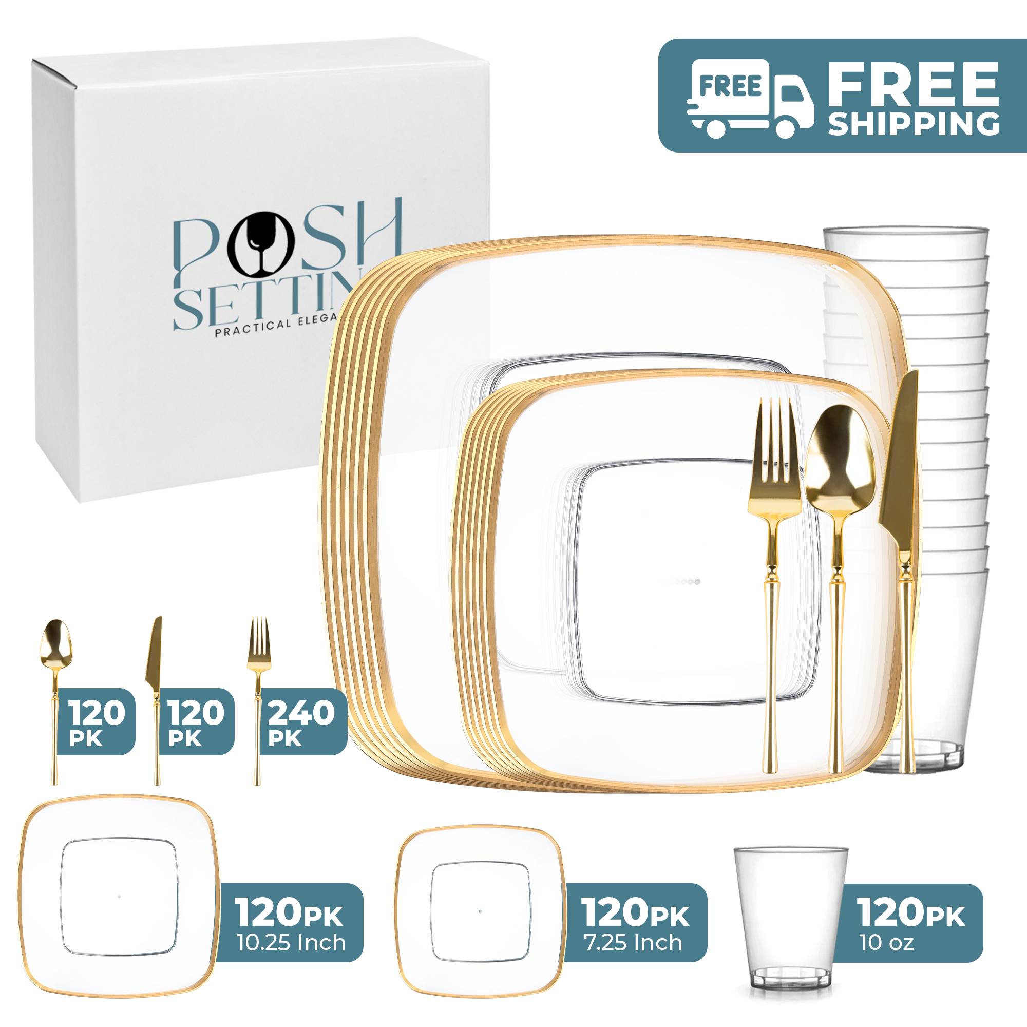 Clear and Gold Plastic Party Bundle - Classic Square Plates, Cups, and Cutlery Set for Birthday, Wedding, and Holiday Celebrations - Perfect for Festive Gatherings and Special Events