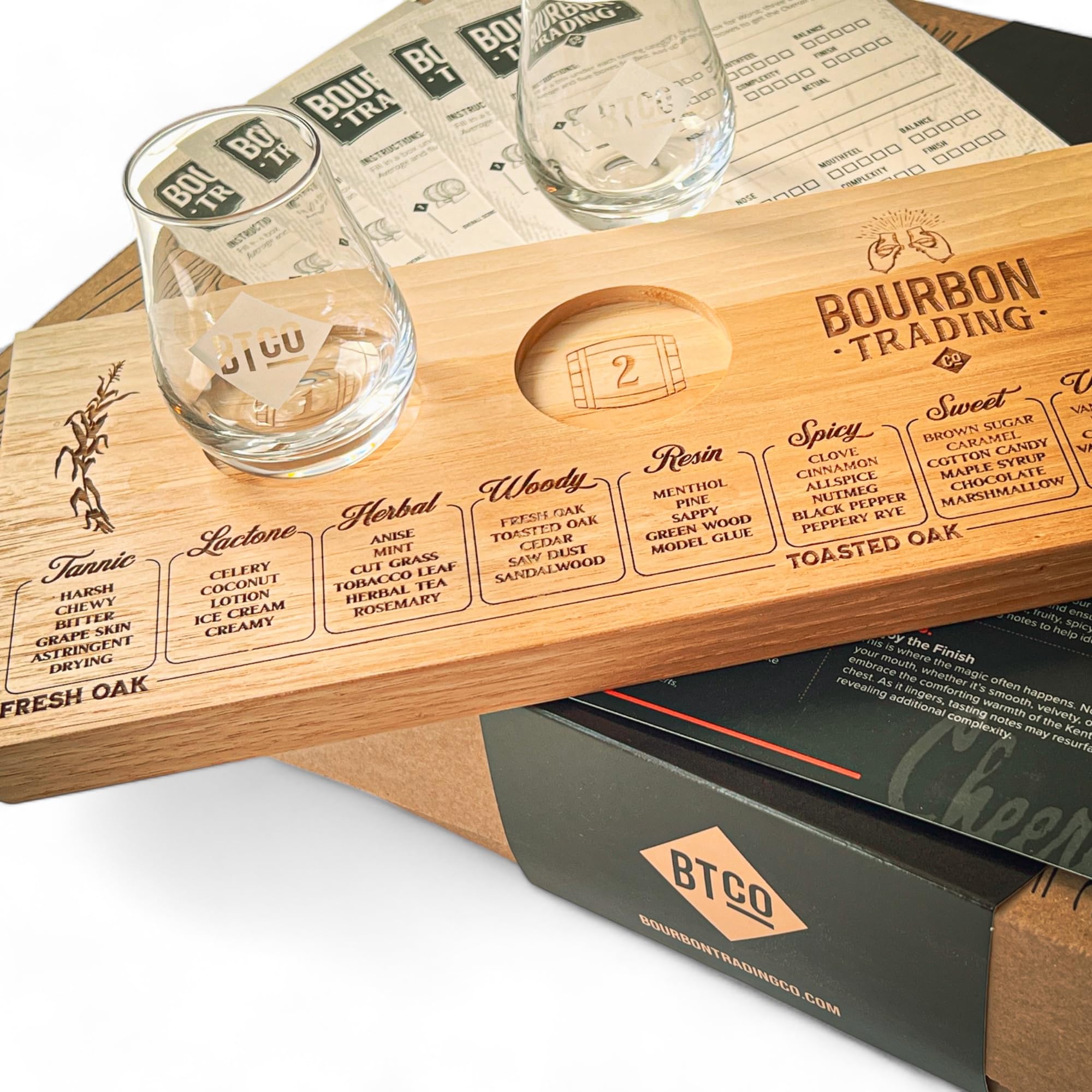 Custom Bourbon Tasting Set with Engraved Wood Flight Board & 4 Glasses - Perfect for Whiskey, Scotch & Bourbon Tasting - Ideal Gift for Men - Engraved Tasting Notes Included - Great for Home Bars, Man Caves & Whiskey Enthusiasts