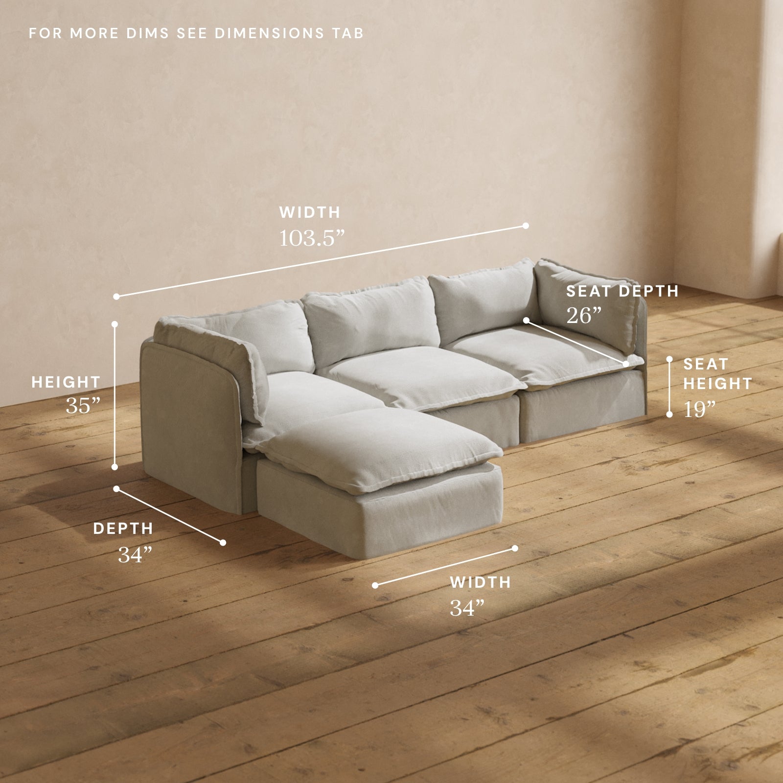 Modular Performance 3-Seater Sectional Sofa in Cloud Color | Modern L-Shaped Couch with Reversible Chaise | Perfect for Living Room, Family Room & Small Spaces