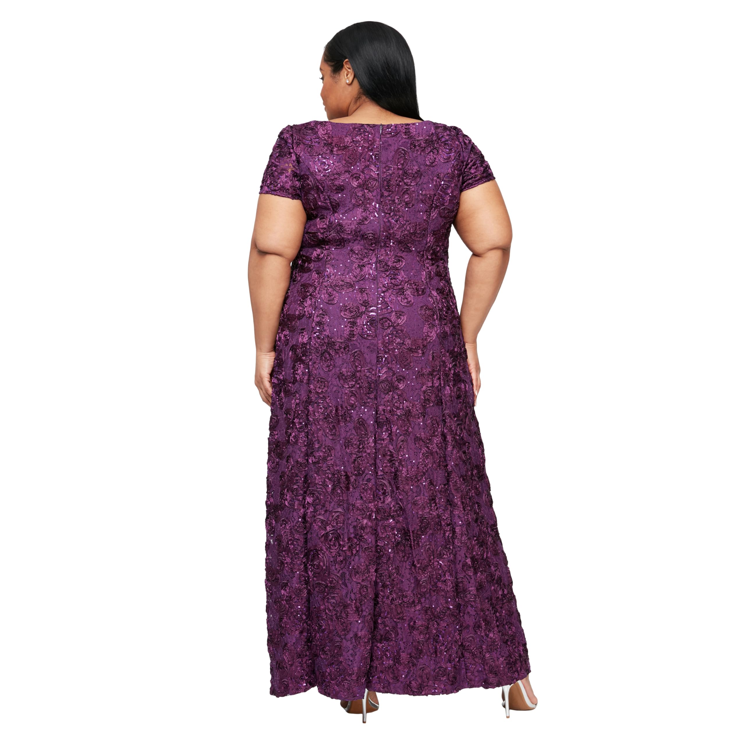 Alex Evenings Women's Plus Size Long Rosette Mother of The Bride Dress with Short Sleeves | Formal Wedding Guest Gown | Perfect for Weddings, Galas & Special Occasions