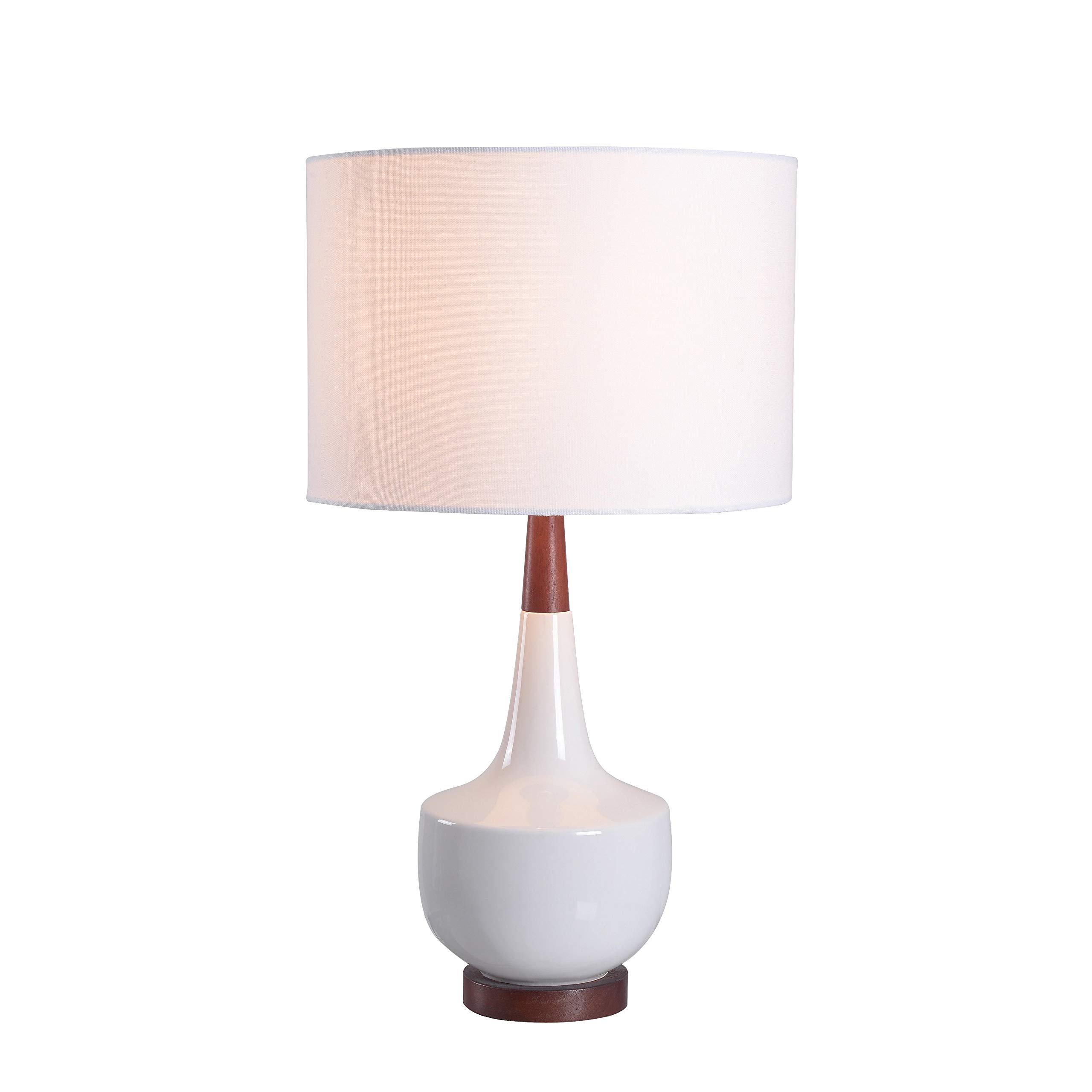 Modern White Ceramic and Wood Accent Lamp - Contemporary Table Lamp for Bedroom, Living Room, Office Decor - Stylish Nightstand & Desk Lighting