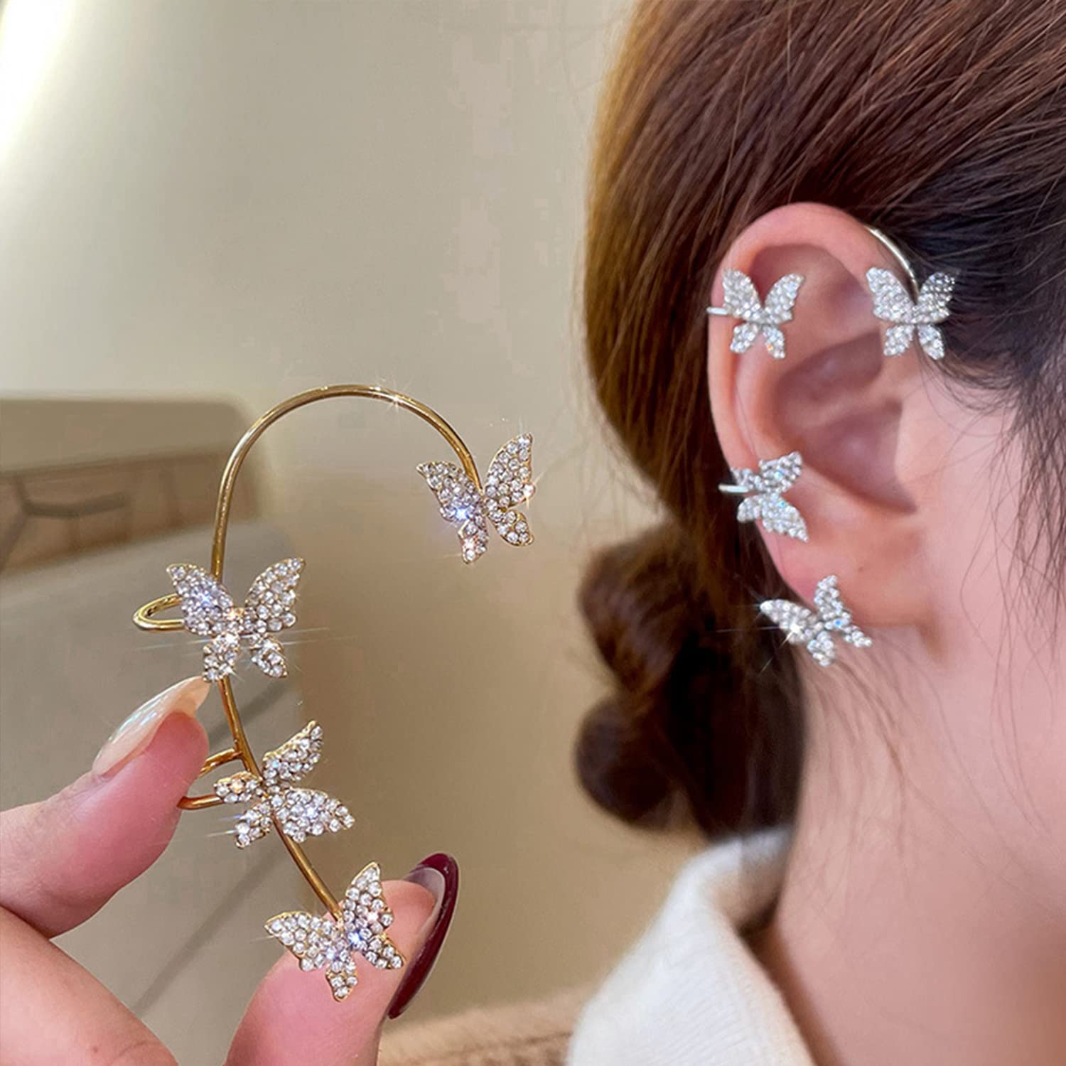 2PCS Zircon Butterfly Ear Cuff Earrings - Rhinestone Non-Pierced Wrap Around Ear Clips for Women & Teen Girls - Perfect for Parties, Weddings & Everyday Wear