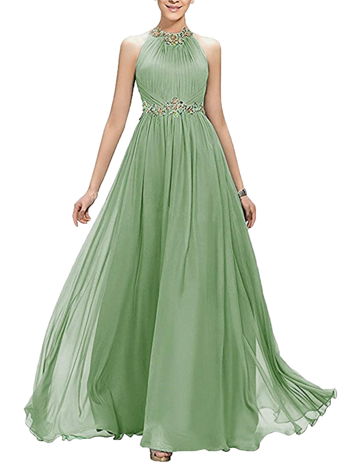 Elegant Halter Neck Bridesmaid Dress with Beading - Long A-Line Chiffon Prom Gown for Women (LBM10) | Perfect for Weddings, Formal Events & Evening Parties
