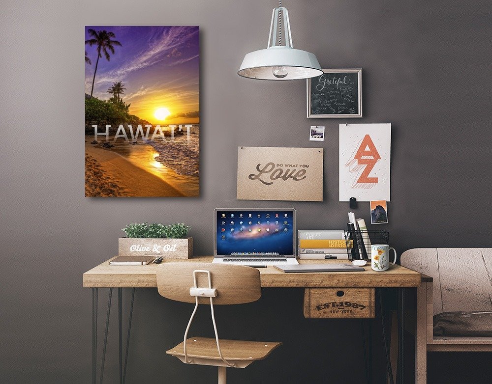 Hawaii Sunset and Palm Tree Wall Art - 16x24 Wrapped Canvas Print - Tropical Beach Decor for Living Room, Bedroom & Office