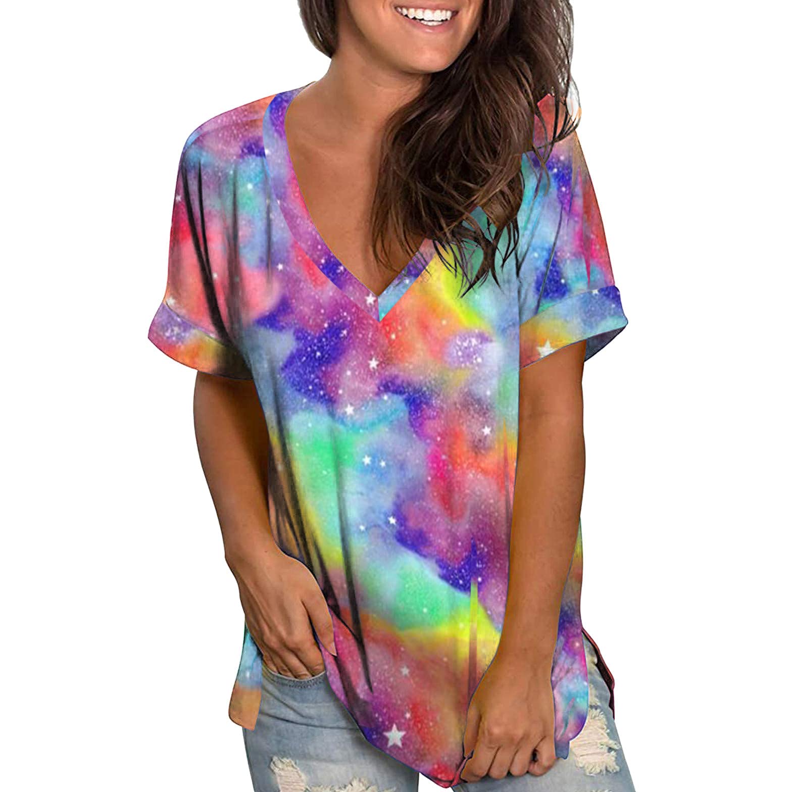 Women's Tie Dye Short Sleeve T-Shirt - Ombre V-Neck Loose Fit Summer Top for Casual Wear, Beach Outings & Music Festivals