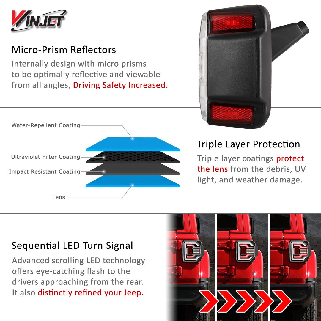 Winjet LED Sequential Tail Lights for 2018-2025 Jeep Wrangler JL & 2021-2025 Wrangler 4XE Plug-in - Clear Lens - Enhanced Visibility & Style for Off-Road Adventures & Night Driving