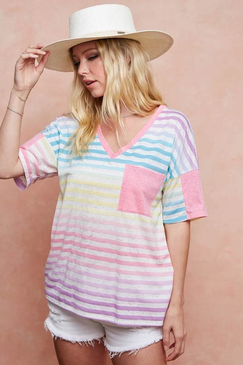 BiBi Rainbow Stripe Printed Triblend Knit Top - Women's Soft Comfortable Casual T-Shirt for Everyday Wear, Street Style & Summer Outfits