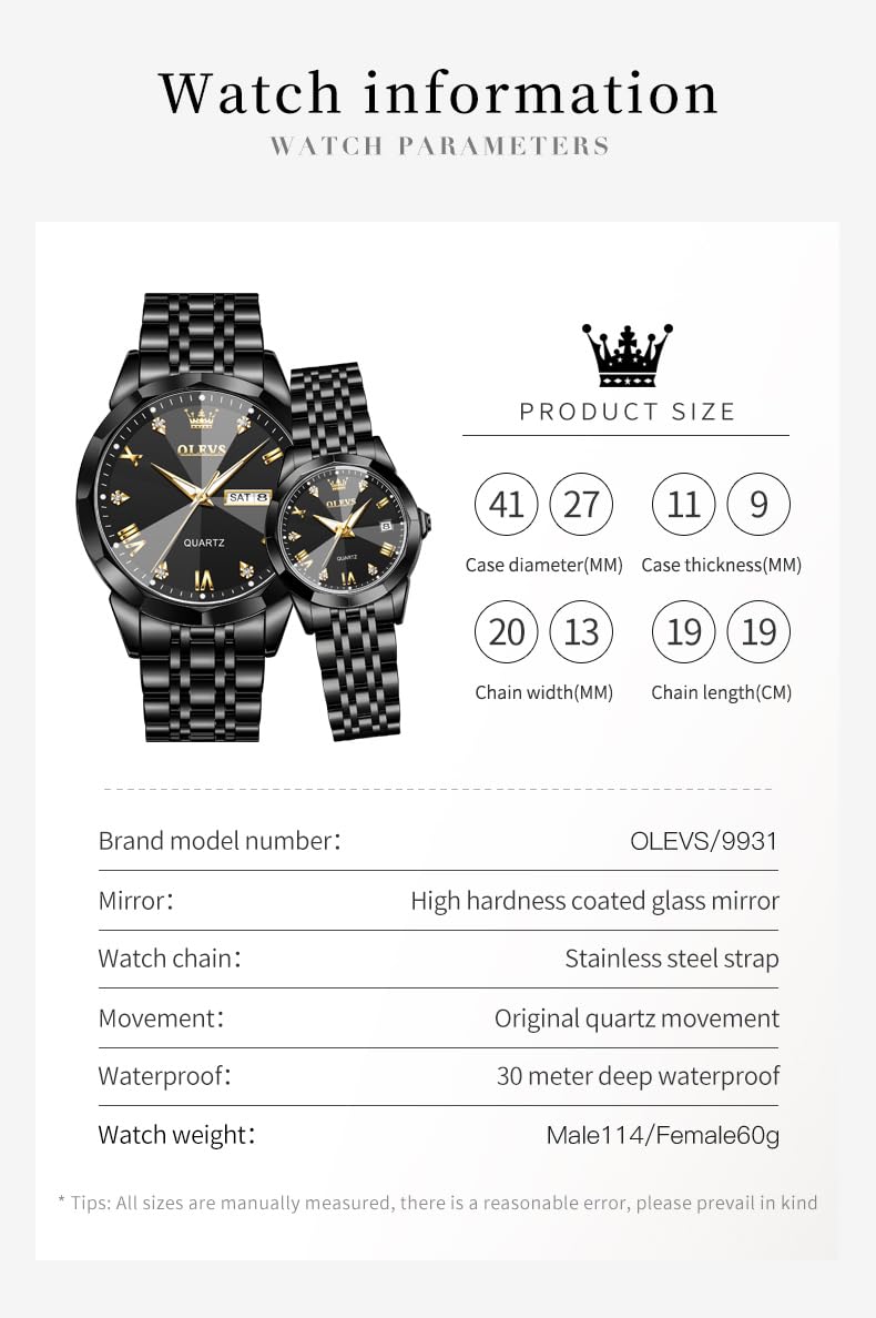 OLEVS Valentine's Day Couple Watches Set - His and Hers Stainless Steel Quartz Wristwatches with Luminous Hands, Date Window & 3ATM Waterproof - Perfect Romantic Gift for Anniversaries, Weddings & Couple Matching (Set of 2) | Great for Date Nights, Special Occasions & Everyday Wear