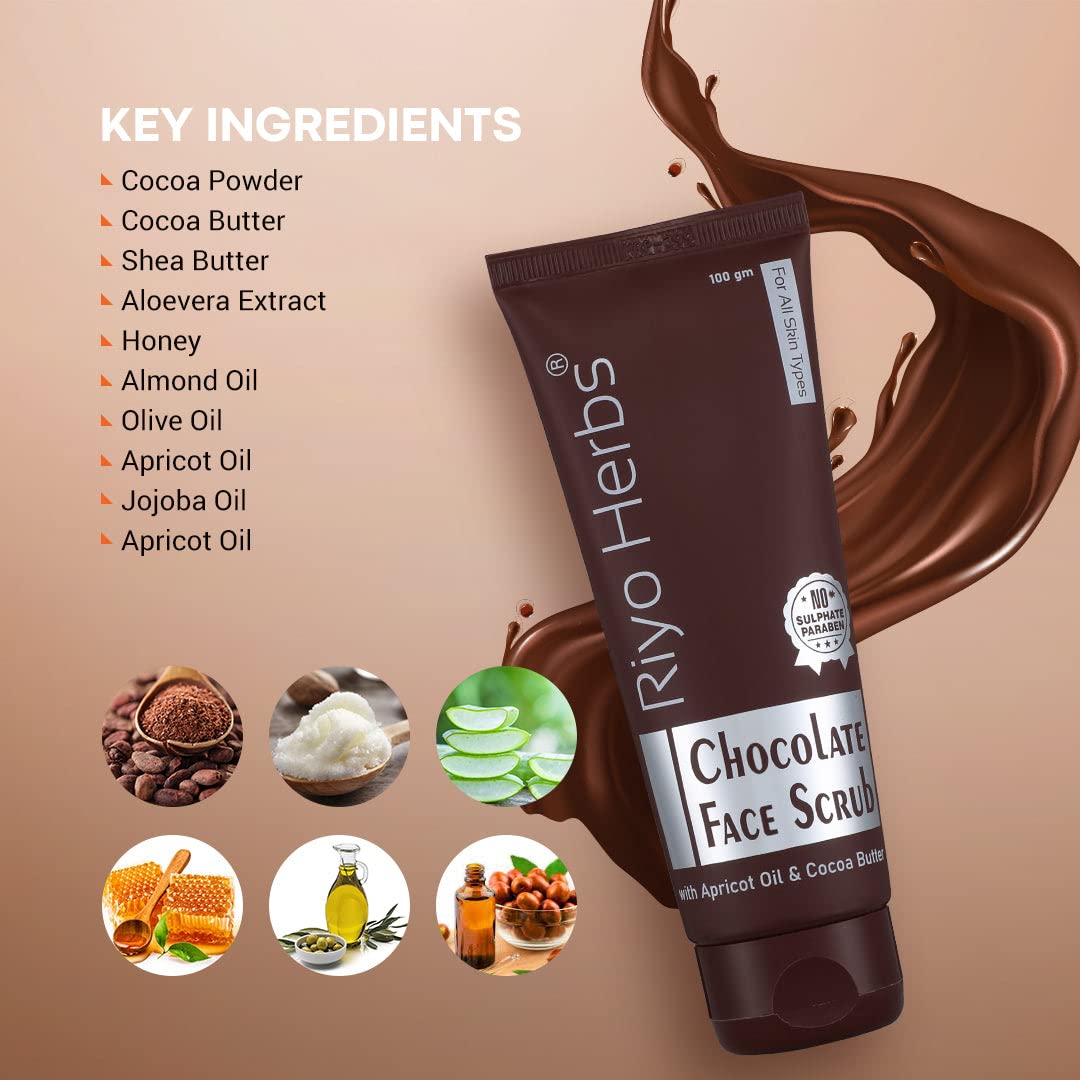 Riyo Herbs Chocolate Face Scrub with Cocoa Butter - Dark Spot Treatment, Blemish Remover, Puffiness & Inflammation Reducer, Pore Cleanser & Exfoliator for Dead Skin Cells - 100g | Perfect for Daily Skincare Routine & Spa Day at Home