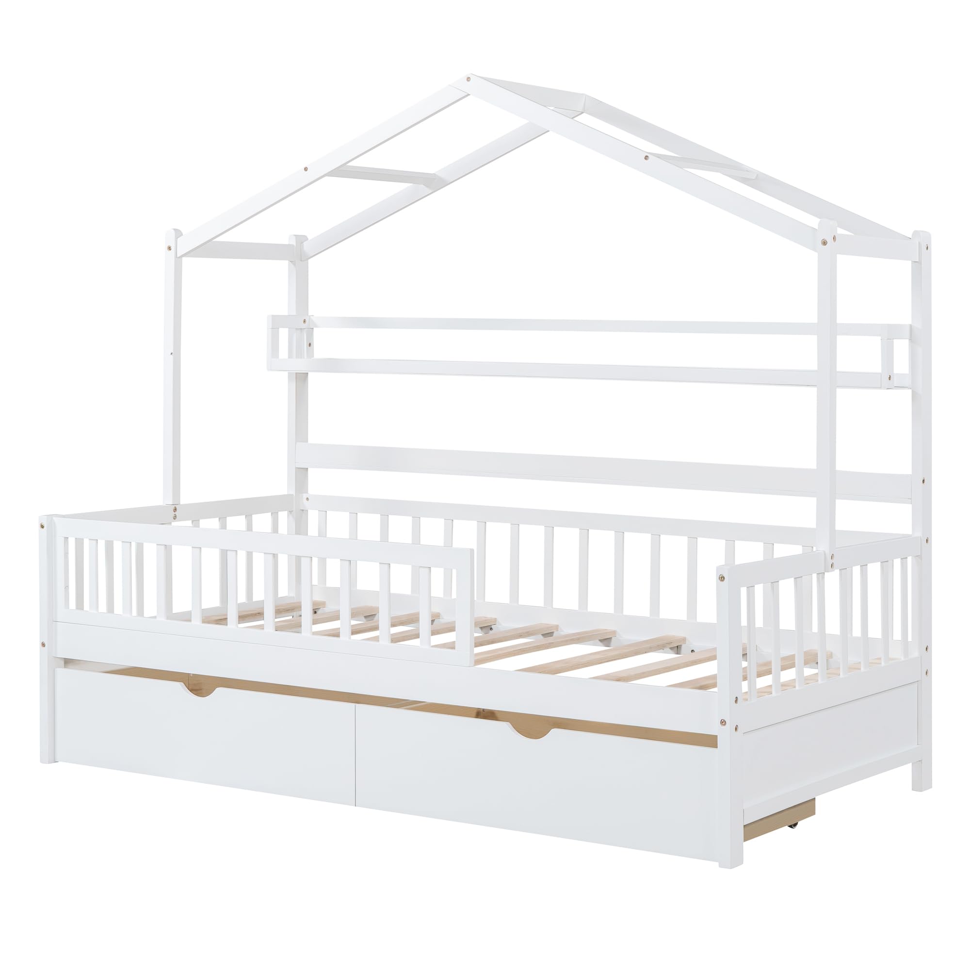 DEINPPA Twin House Bed with Drawers & Shelf - Wooden Kids Bed Frame with Safety Guardrails & Decorative Roof Design - No Box Spring Needed - Perfect for Boys, Girls, Toddlers & Kids Bedroom (White) - Ideal for Small Spaces, Playrooms & Cozy Children's Rooms
