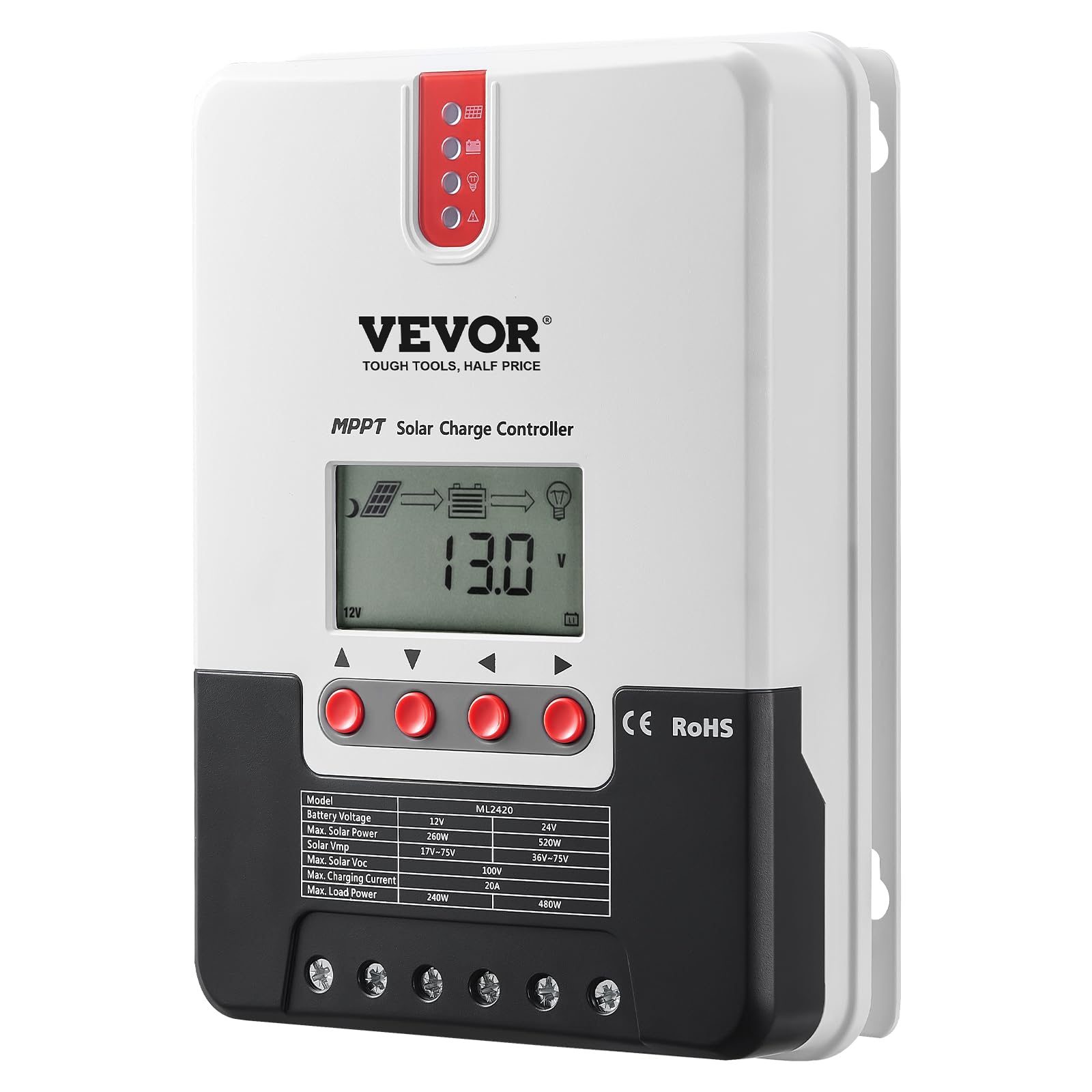 VEVOR 20A MPPT Solar Charge Controller 12V/24V Auto DC Input - LCD Display with Temperature Sensor for AGM, Gel, Flooded & Lithium Batteries - Perfect for RV, Marine, Off-Grid Solar Systems & Home Backup Power