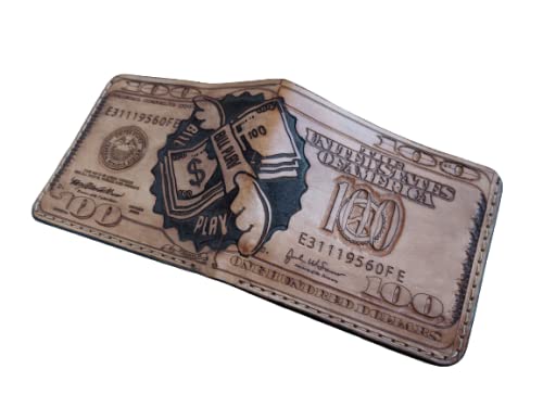 Handmade 3D Genuine Leather Wallet for Men - Custom Engraved & Hand-Painted Billfold with Unique Dollar Bill Design - Perfect Gift for Dad, Husband, Boyfriend (Birthday, Anniversary, Graduation)