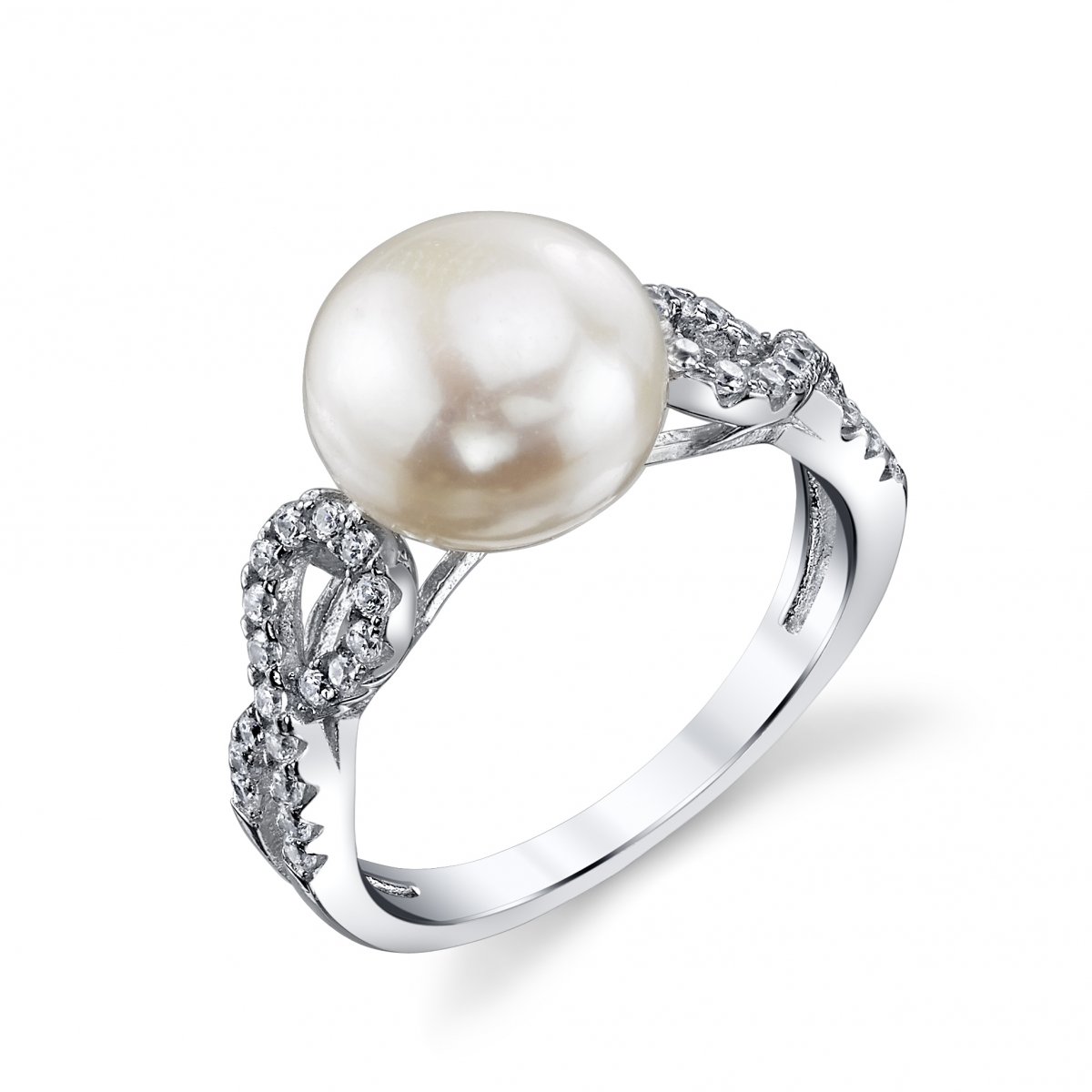 10-11mm Genuine White Freshwater Pearl & Cubic Zirconia Ribbon Ring for Women - Elegant Jewelry Gift for Brides, Anniversaries & Special Occasions
