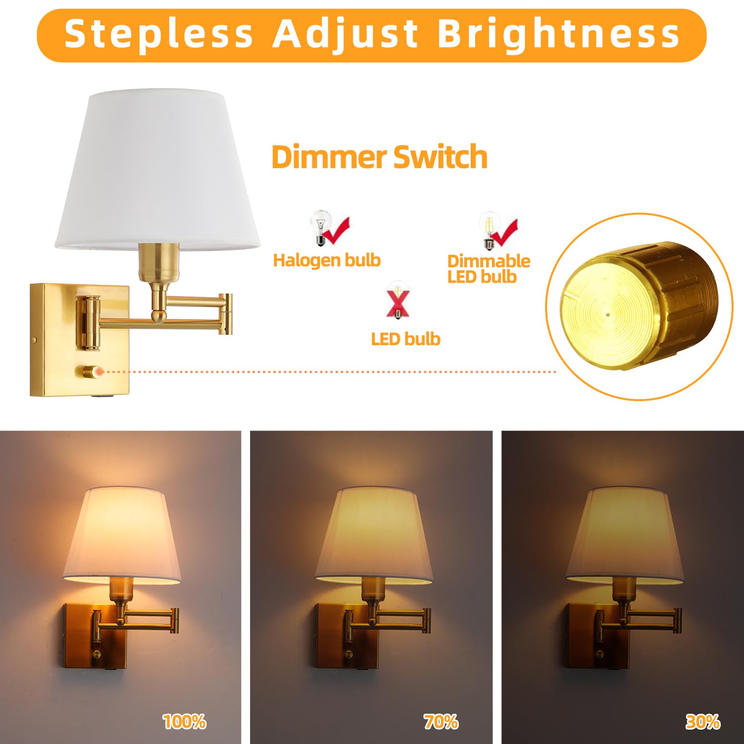 Dimmable Swing Arm Wall Sconce Light with USB Port - Adjustable Fabric Shade Bedside Lamp with Plug-in Cord, Gold Wall Light for Bedroom, Living Room & Hotel | Perfect for Reading, Nightstand Lighting and Modern Home Decor