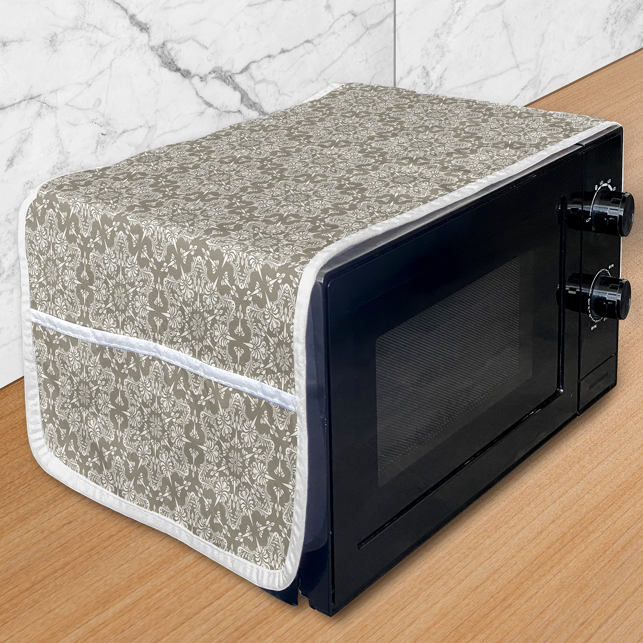 Ambesonne Vintage Microwave Oven Cover - Classic Medieval Victorian Floral Design, Waterproof Kitchen Organizer with Pockets, 36x12 Inches, Tan & White | Perfect for Small Kitchen Countertop Protection & Decoration