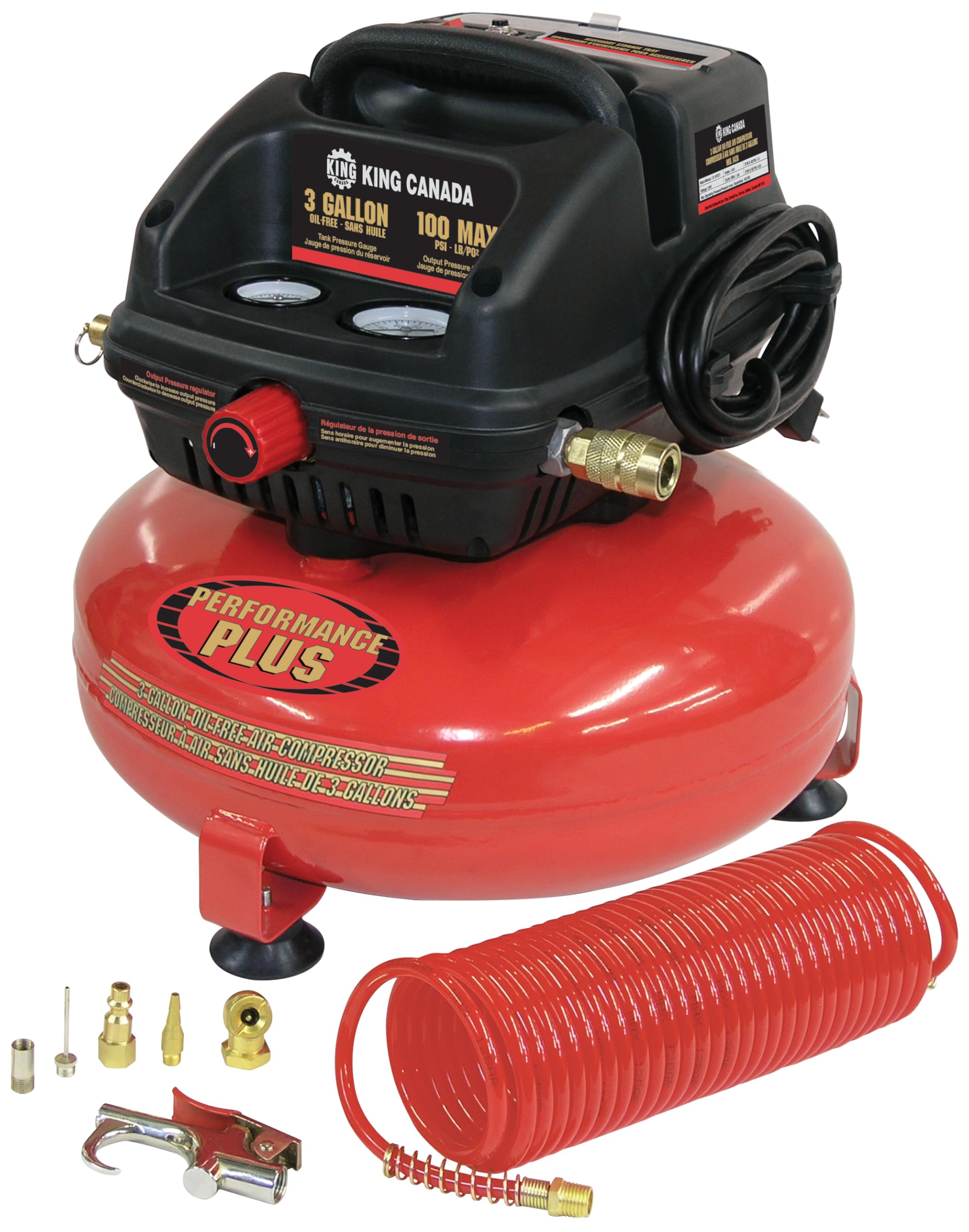 King Canada 8438 3 Gallon Oil-Free Air Compressor Kit - Portable & Quiet for Home DIY, Nail Guns, Inflating Tires & Sports Equipment