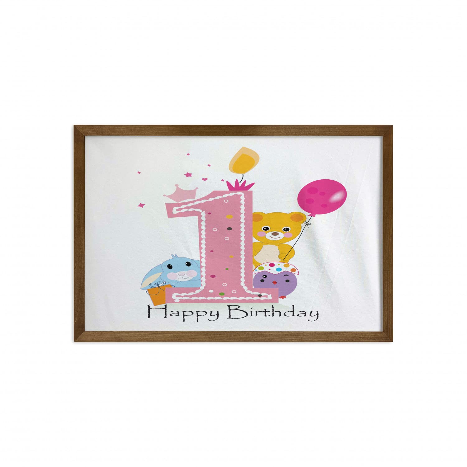 Ambesonne 1st Birthday Framed Wall Art - Cartoon Girl & Party Cake with Candle Teddy Bear Print - Pink Nursery Decor - 35x23 Inch Fabric Wall Hanging with Teak Wood Frame - Perfect for Baby Showers, Girls' Room & Birthday Party Decorations
