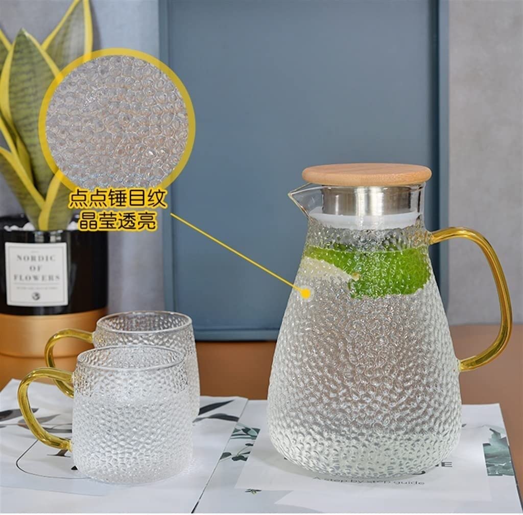 Sturdy Hammer Pattern Glass Cup Set with Handle - 4-Piece Drinking Glasses & Tea Kettle for Home, Living Room, Kitchen - Perfect for Iced Tea, Coffee, and Beverage Serving (One Color)