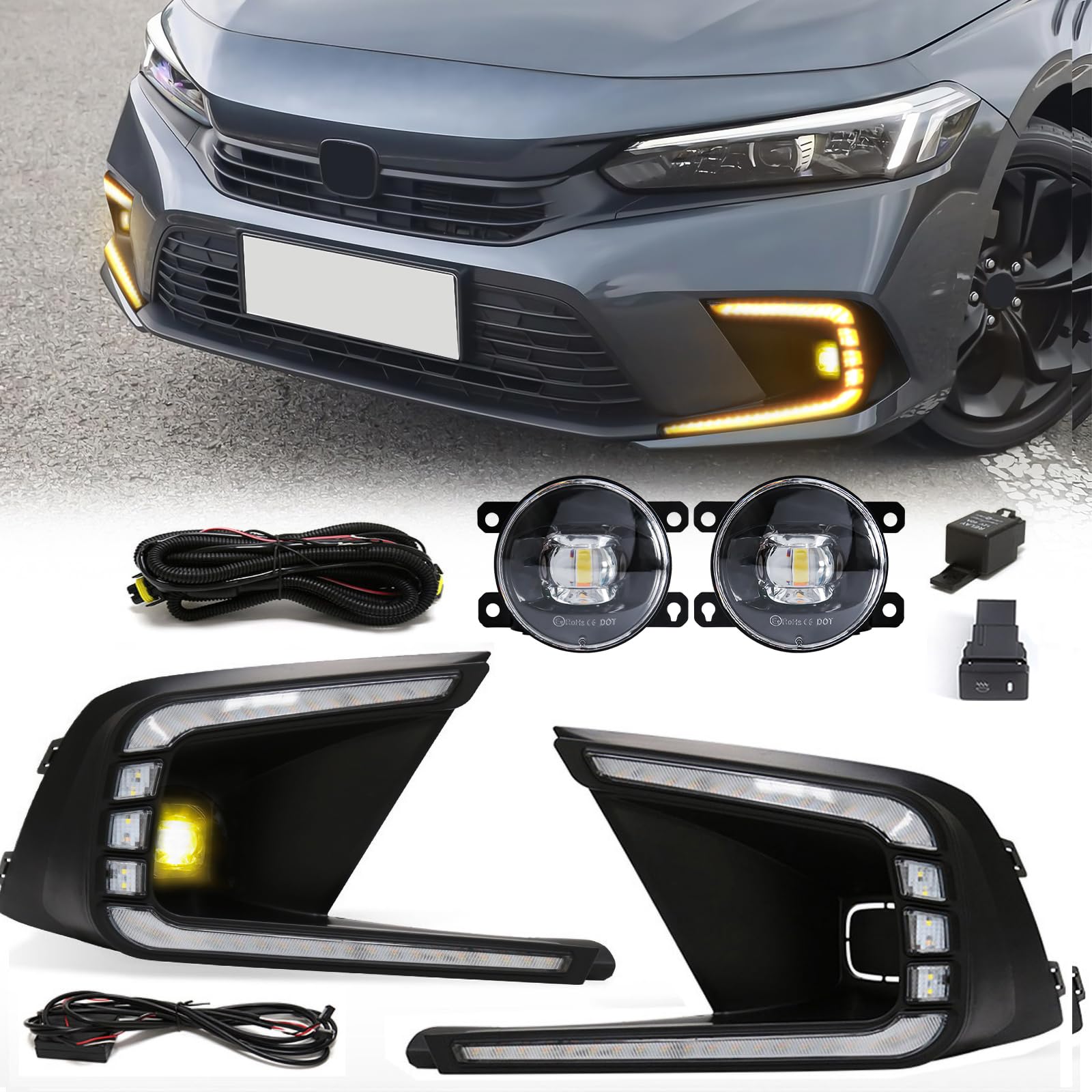 2021-2023 Honda Civic LED Daytime Running Lights (DRL) - Tri-Color White/Yellow Fog Light Replacement with Bezel | Durable LED Bulbs for Enhanced Visibility & Style | Perfect for Night Driving & Custom Car Upgrades