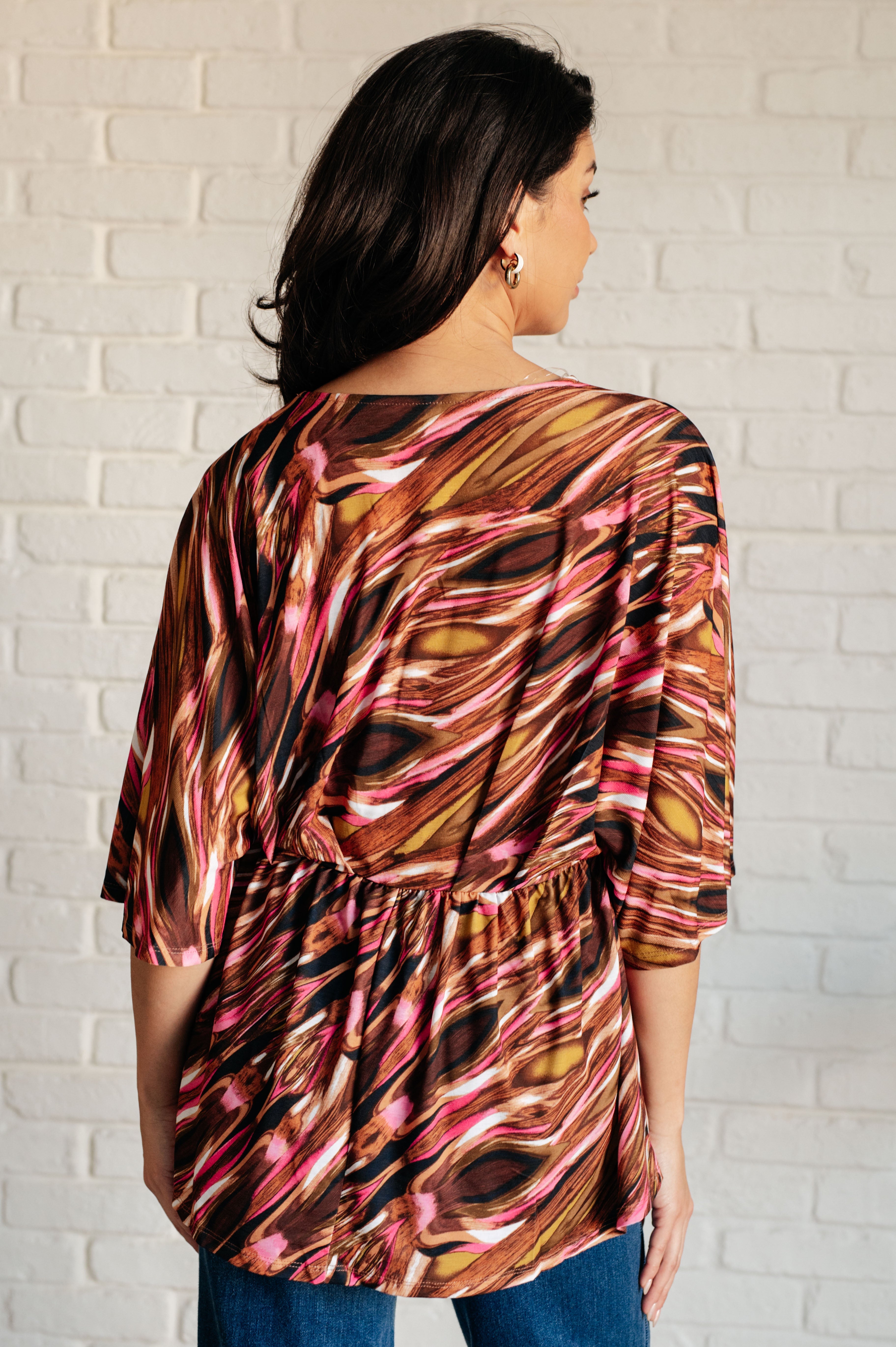 Dearest Dreamer Peplum Top in Abstract Mocha - Women's Fashion Blouse for Casual Wear, Office & Date Night