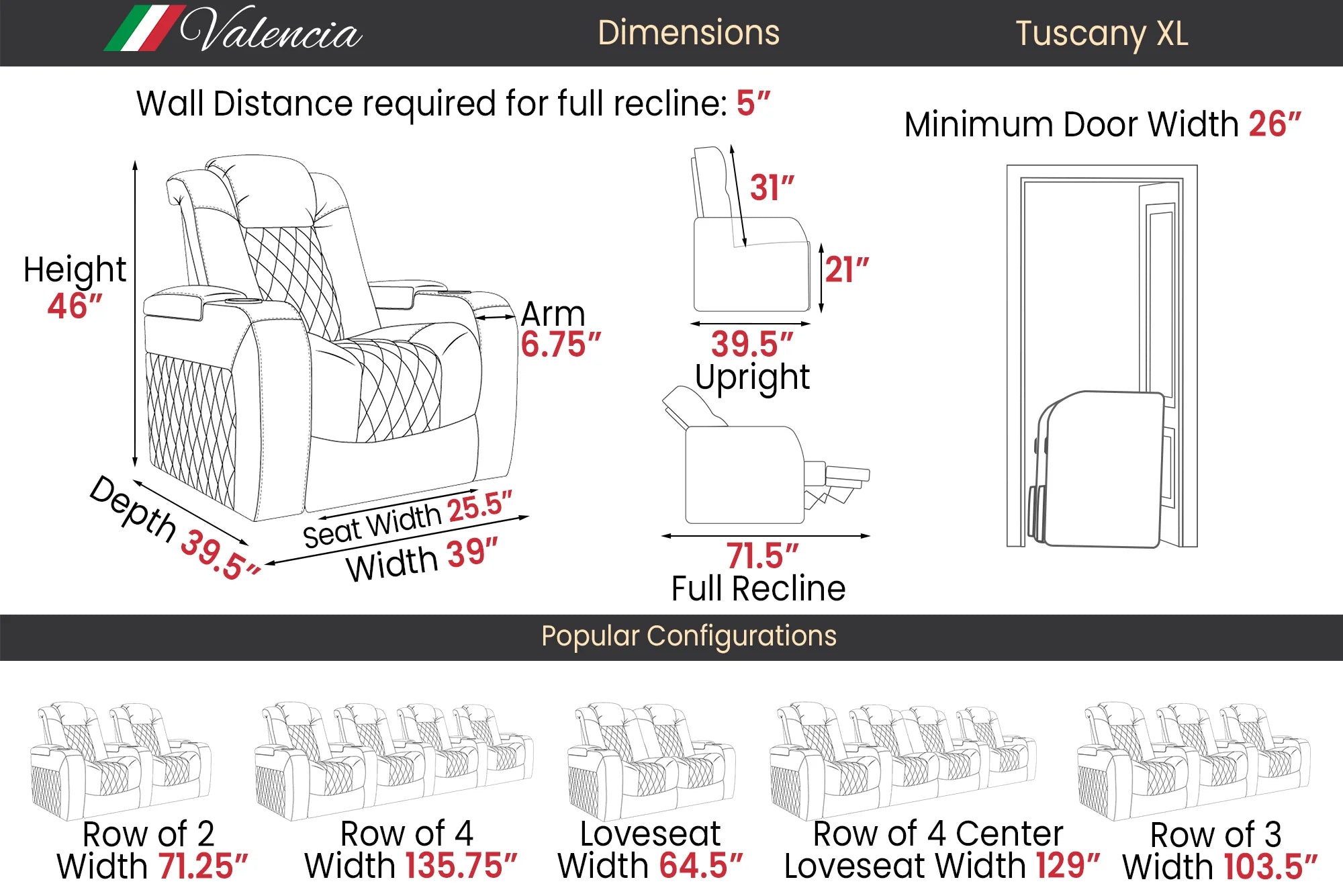 2025 New Tuscany XL Luxury Leather Home Theater Seating - Row of 3 Recliners in Onyx Black | Premium Home Cinema Furniture for Movie Nights & Entertainment Rooms