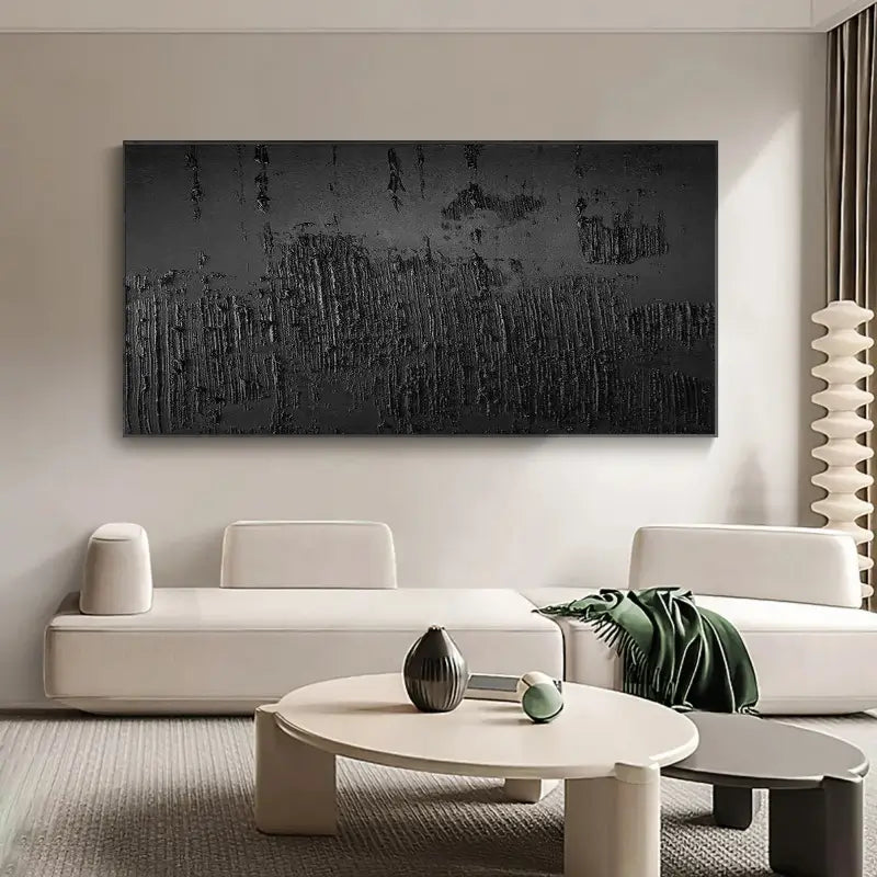 Black Minimalist Textured Abstract Wall Art Painting - Modern Home Decor for Living Room, Bedroom & Office - Canvas Artwork #MZ018