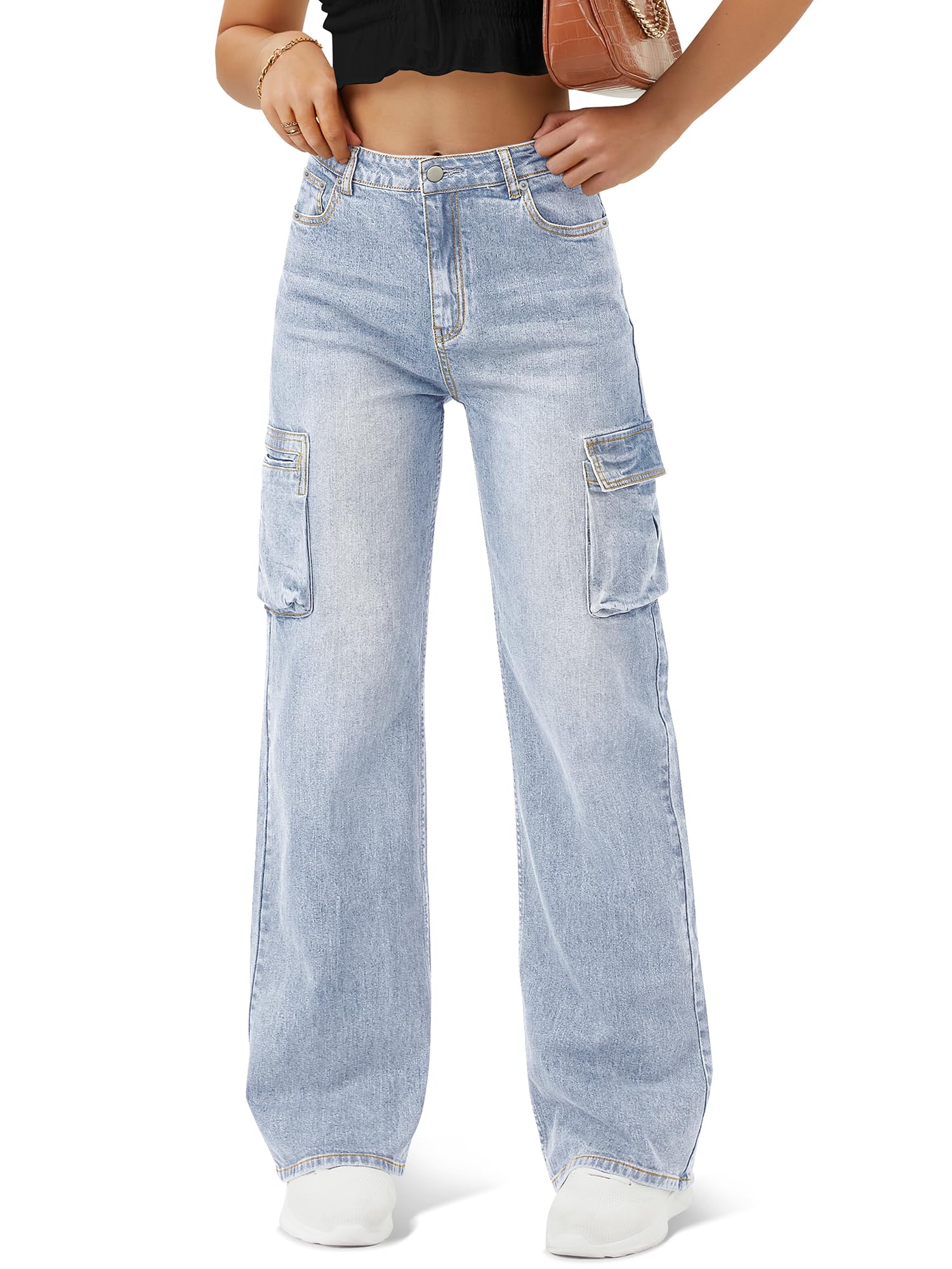 Women's High Waisted Cargo Jeans with 6 Pockets - Straight Wide Leg Baggy Pants for Casual Wear | Perfect for Street Style, Outdoor Adventures & Everyday Comfort