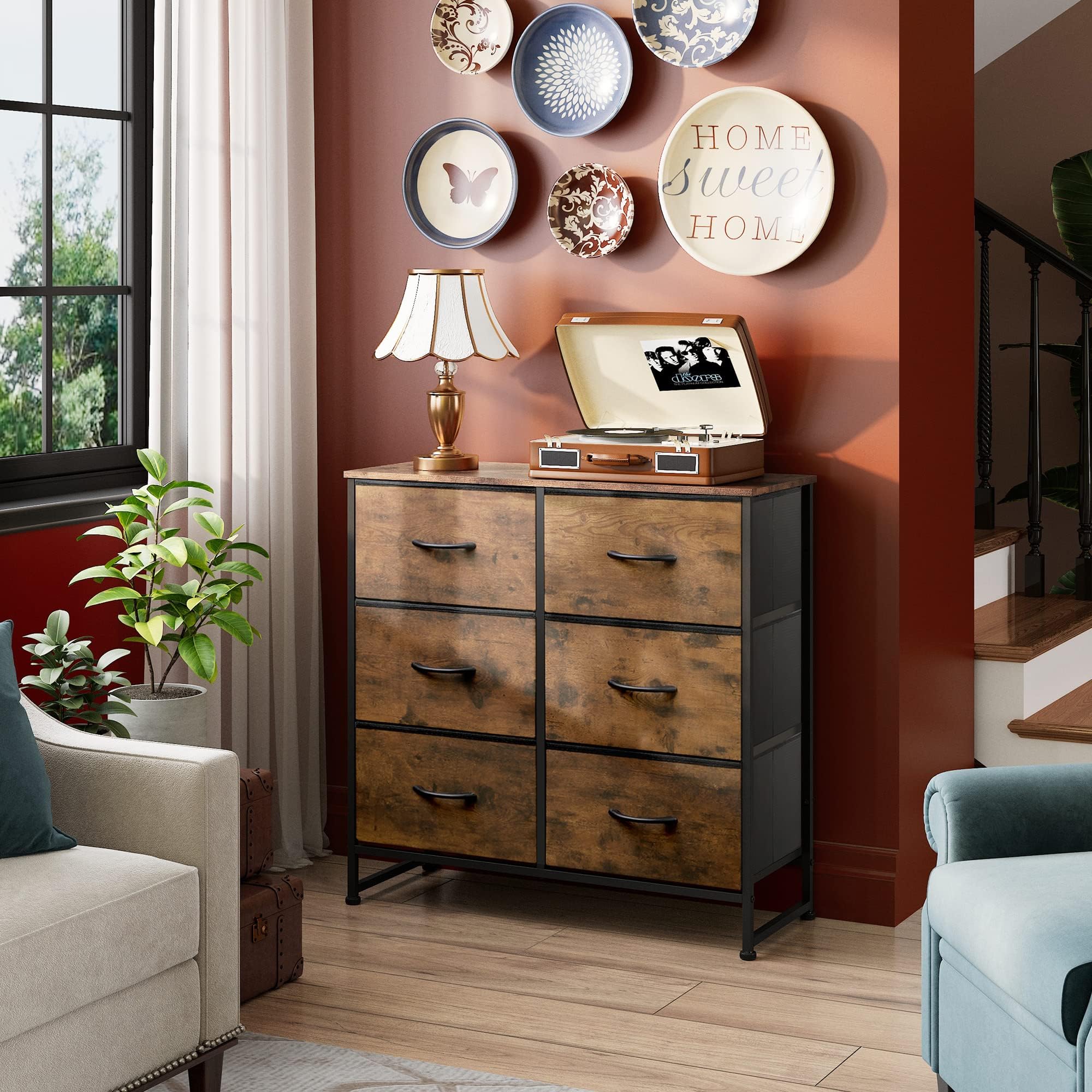 WLIVE 6-Drawer Fabric Dresser for Bedroom - Rustic Brown Wood Grain Storage Tower with Removable Fabric Bins - Perfect for Closet Organization, Living Room Storage & Hallway Decor