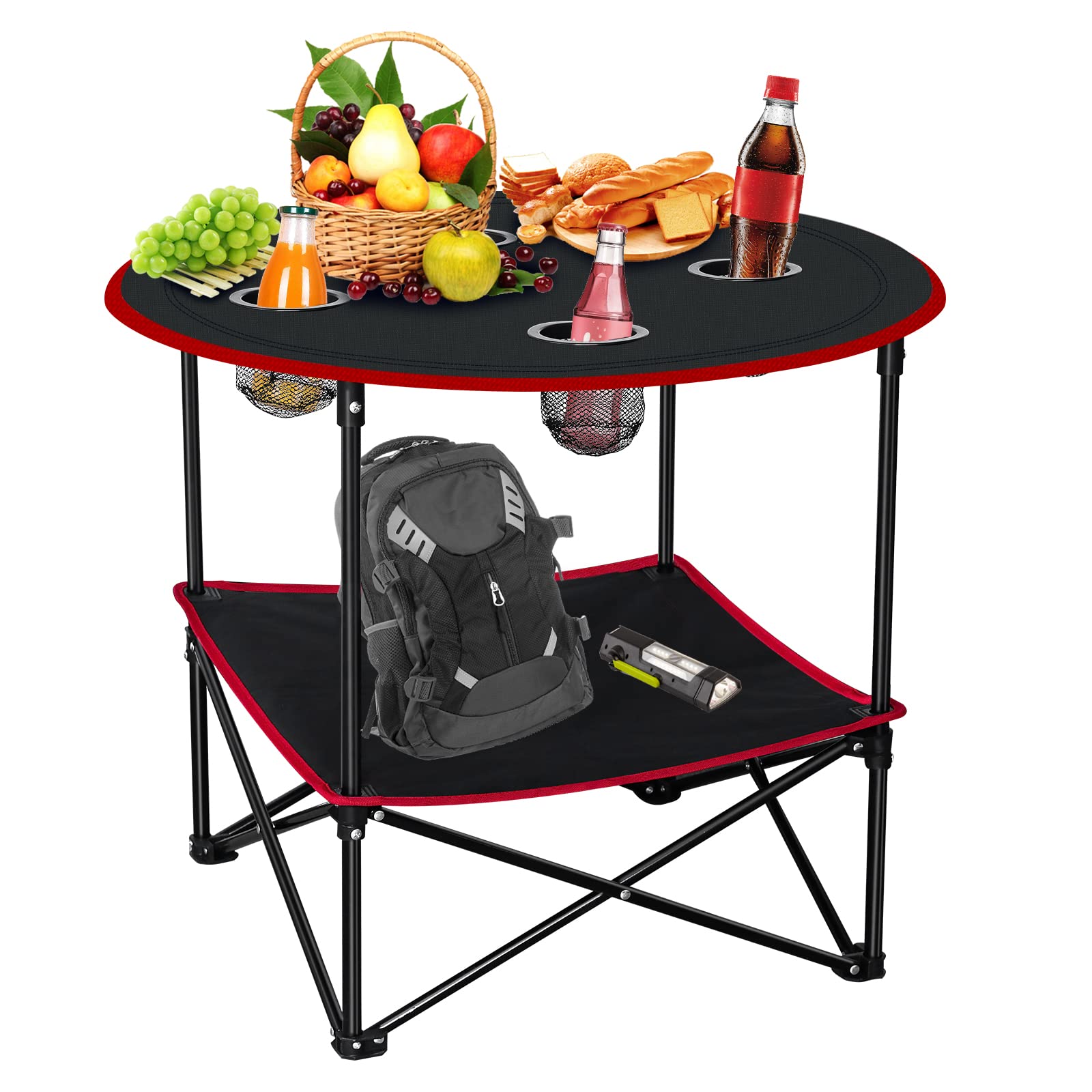 Portable Folding Camping Table with 4 Cup Holders & Carry Bag - Lightweight Collapsible Outdoor Picnic Table for Beach, BBQ, Garden, Travel & Patio - Compact Canvas Camp Table (Red) - Perfect for Camping Trips, Backyard Parties & Outdoor Adventures