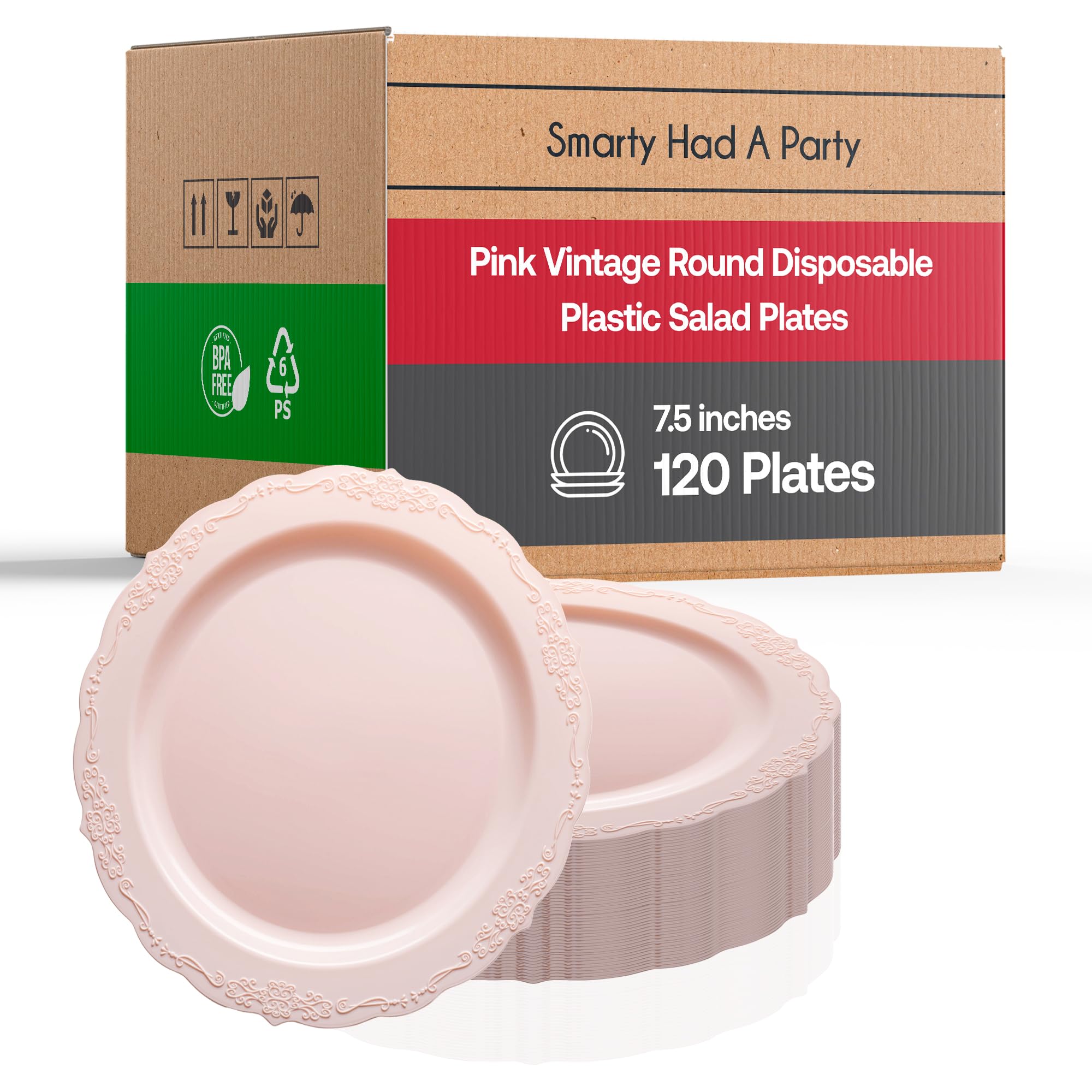 Elegant Disposable Plastic Plates 7.5 Inch - 120 Count Pink Heavy Duty Dinnerware for Parties, Weddings & Events | Perfect for Salad, Desserts & Cocktail Receptions