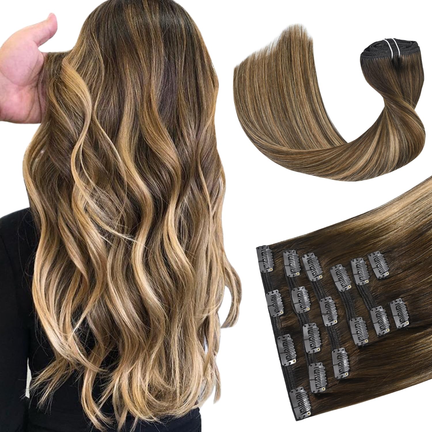 HUAYI 100% Real Human Hair Extensions - 22 Inch Ombre Medium Brown to Caramel Blonde Balayage Clip-Ins (120g) #4/27/4 | Women's Hair Extensions for Volume & Length | Perfect for Parties, Weddings & Daily Styling