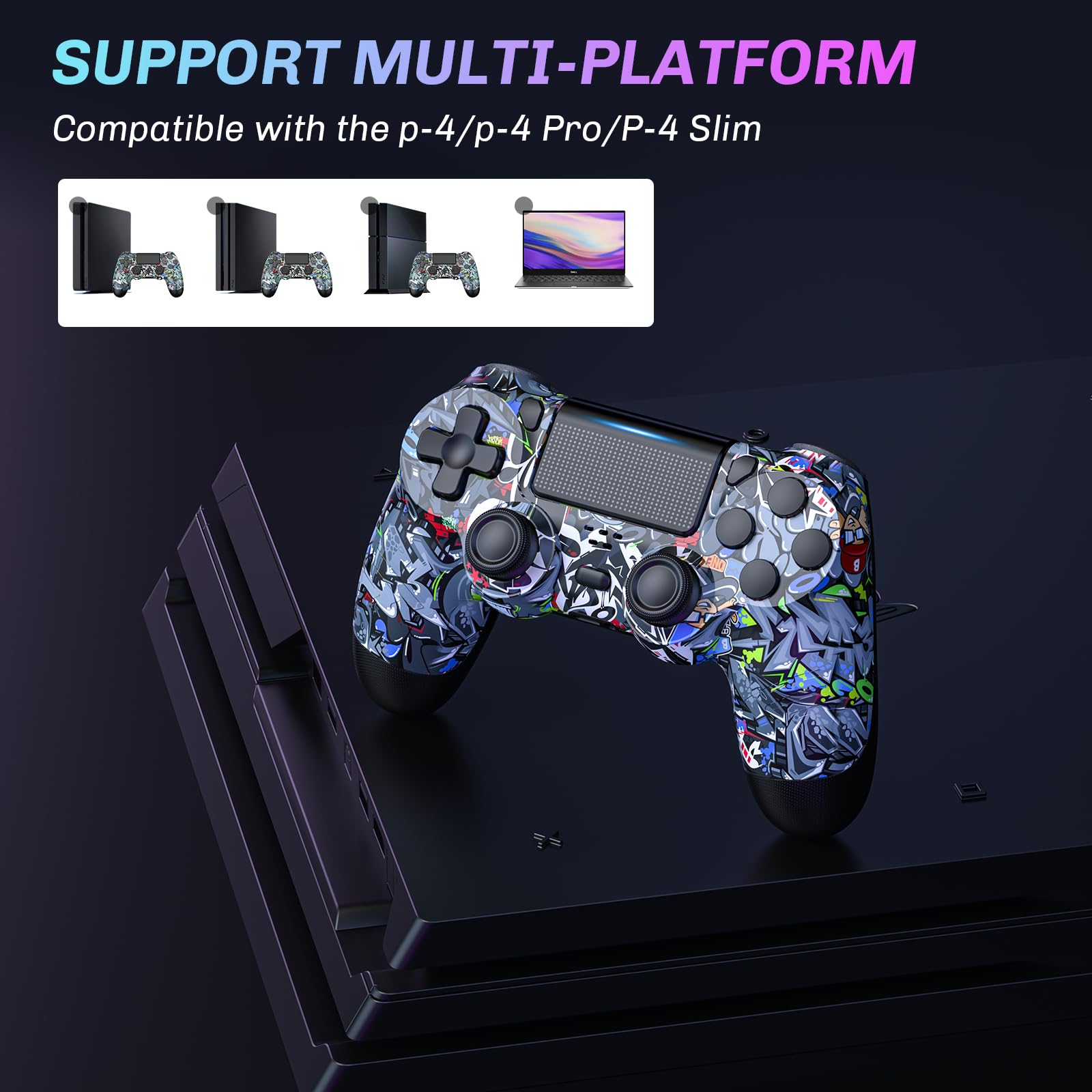 Wireless PS4 Controller Compatible with PS4/PS4 Slim/PS4 Pro - Dual Shock Vibration, 6-Axis Motion Sensor, Built-in Audio - Perfect for Gaming, Streaming & Long Play Sessions