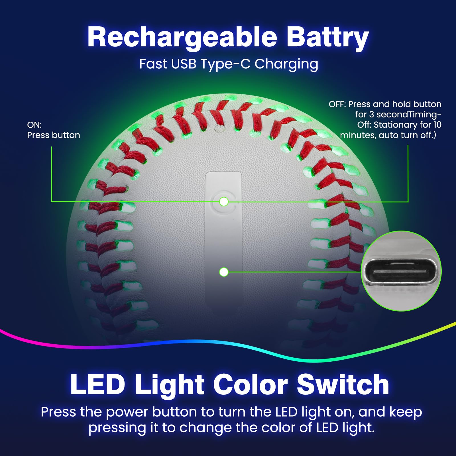 Glow in The Dark LED Baseball Toy with 7 Color Changing Lights - Perfect for Nighttime Baseball Games, Backyard Play, and Fun Gifts for Boys, Girls & Baseball Fans