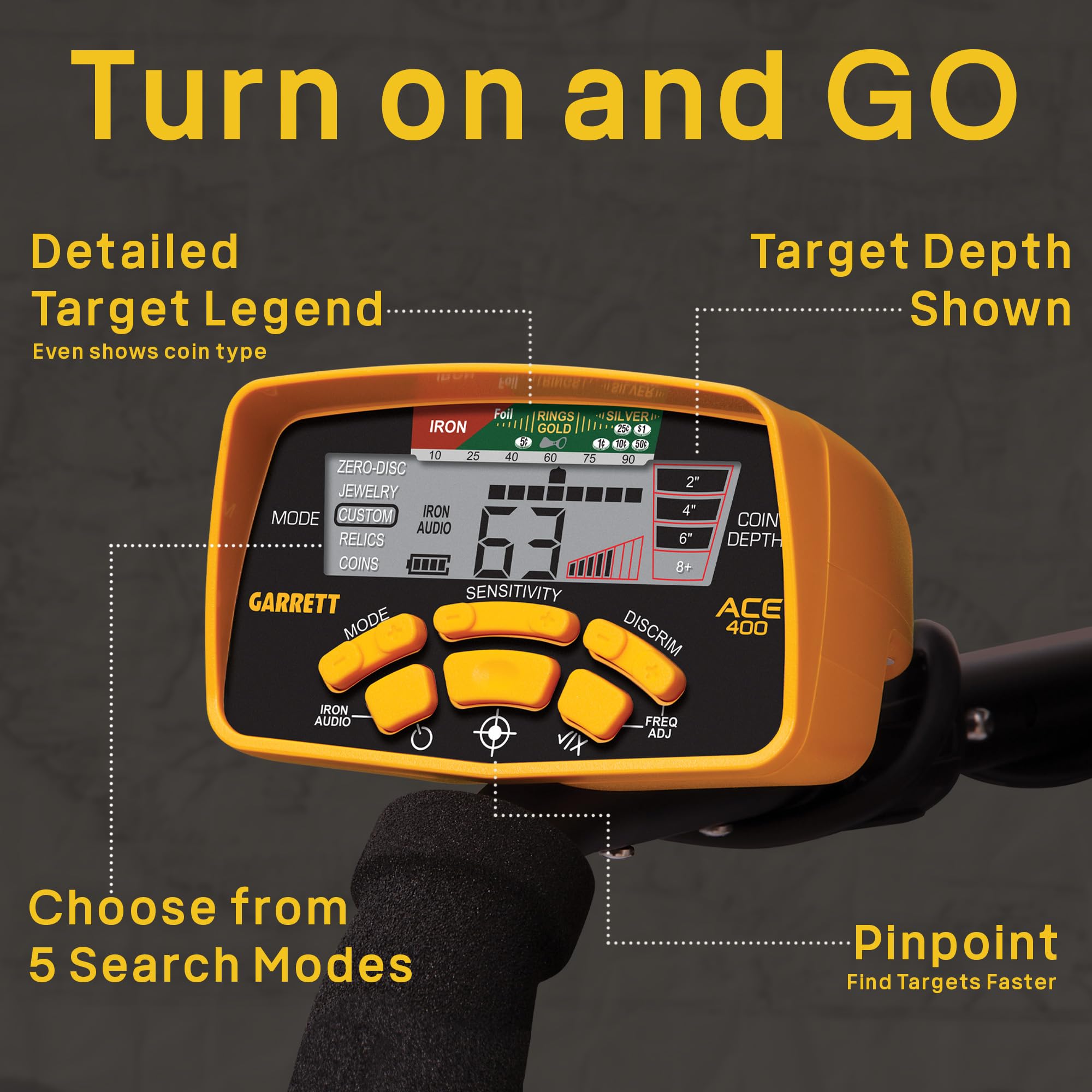 Garrett ACE 400 Metal Detector with Digital Target ID & Iron Audio - Adjustable Frequency Metal Detector for Adults - Professional Pinpointing with Headphones & Searchcoil Cover - Perfect for Beach Hunting, Coin Shooting & Treasure Hunting