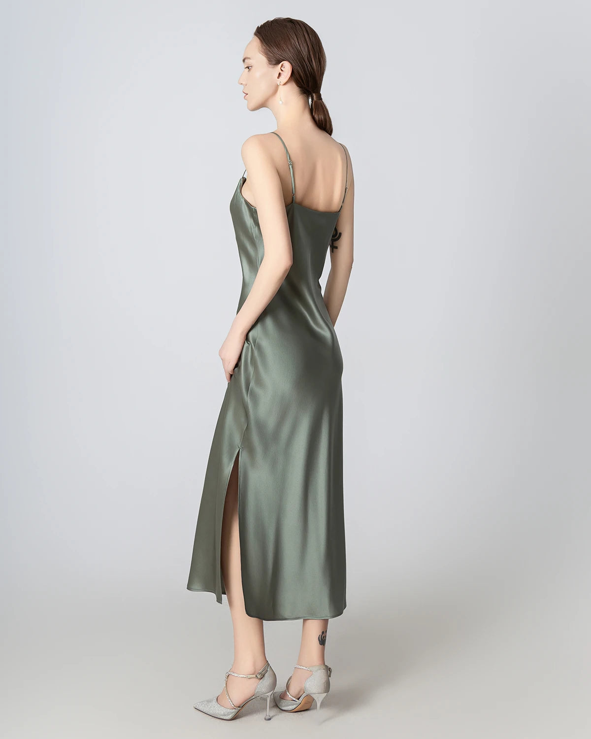 Elegant Slit Cowl Neck Midi Silk Dress for Women | Luxury Satin Evening Gown | Perfect for Cocktail Parties, Date Nights & Formal Events