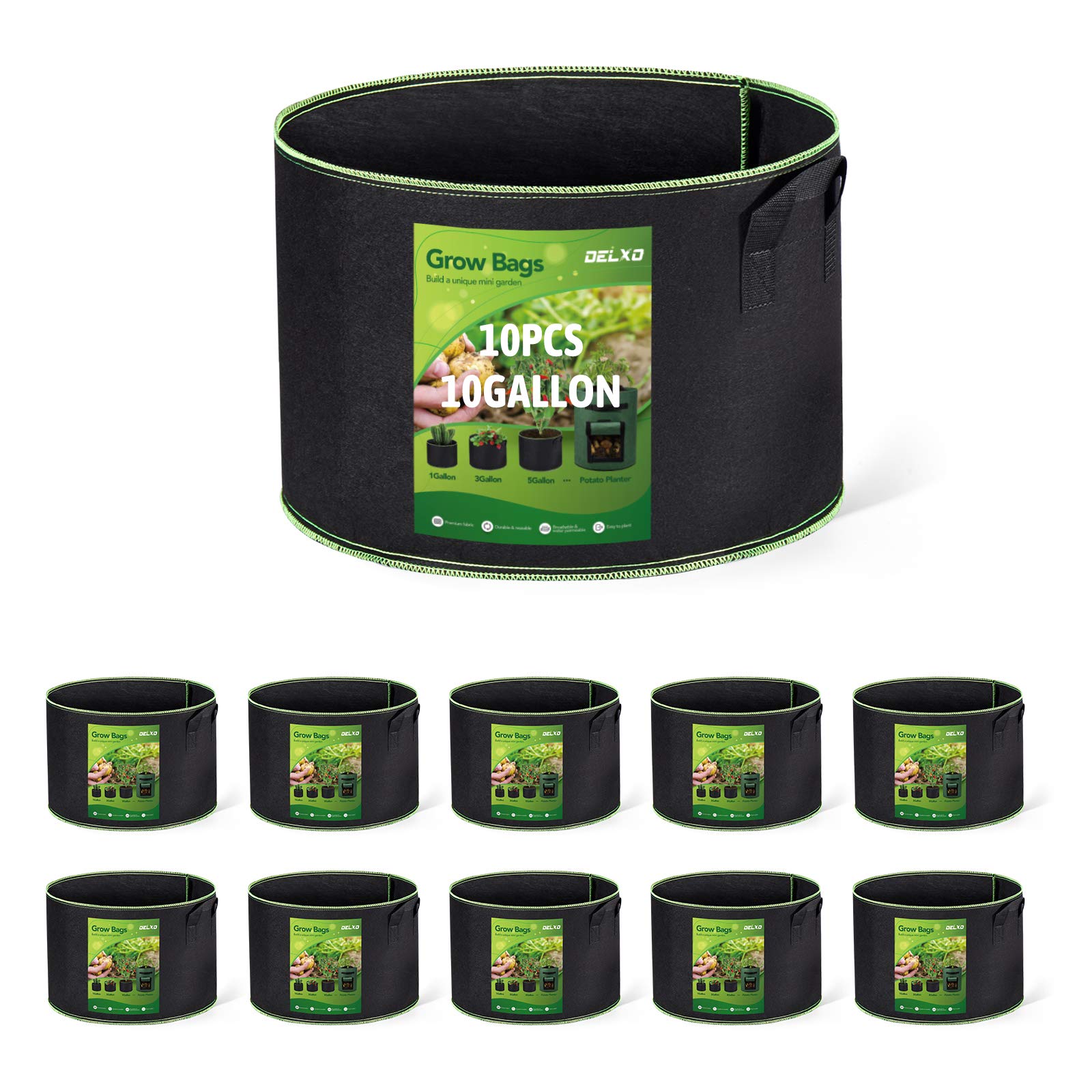 Delxo 10-Pack 10 Gallon Heavy Duty Grow Bags for Plants - Thickened Nonwoven Fabric Pots with Handles & Aeration - Perfect for Vegetables, Fruits, Flowers & Indoor/Outdoor Gardening