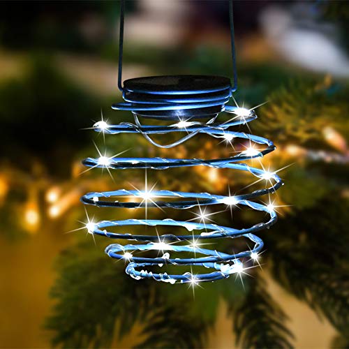 Solar Powered LED Hanging Lanterns - Waterproof Outdoor Spiral Garden Lights for Patio, Porch & Yard Decor - Blue Solar Pendant Light for Camping, Parties & Nighttime Ambiance