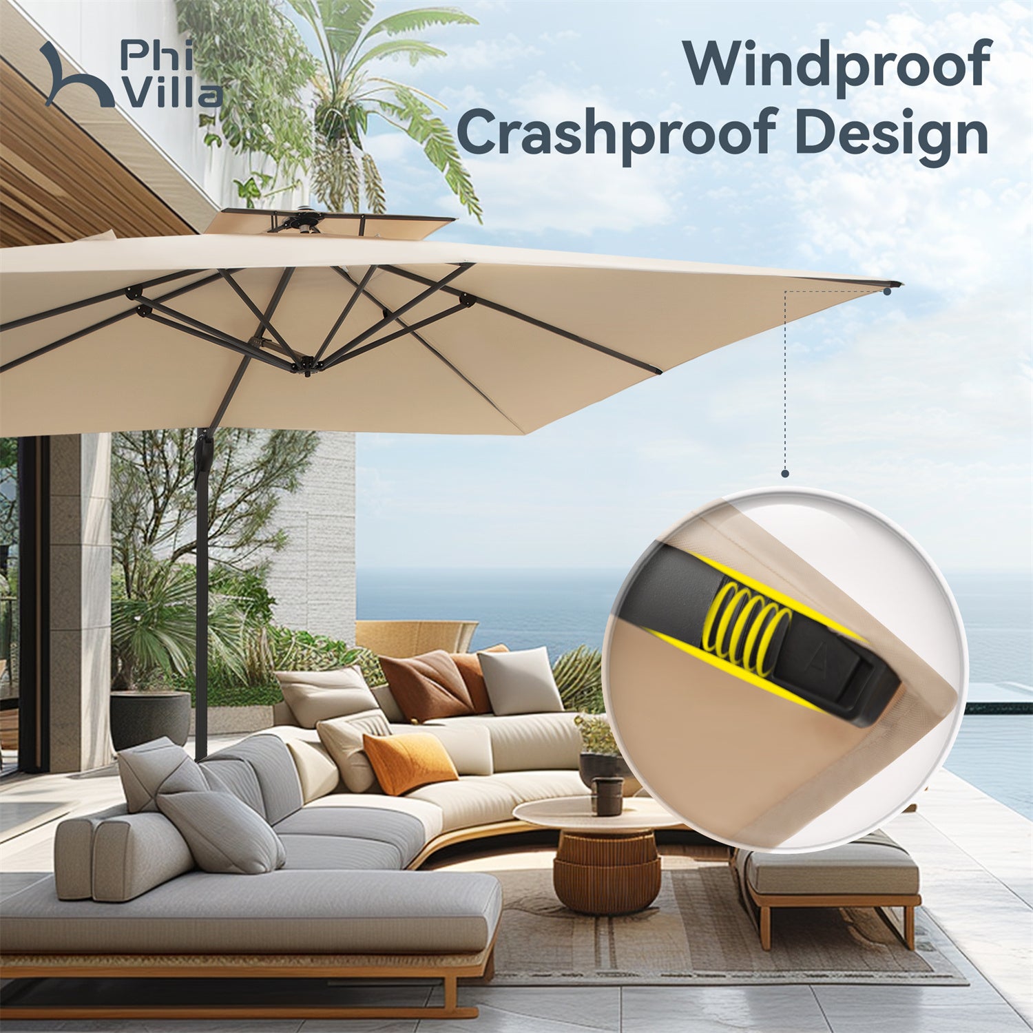 PHI VILLA 10ft Square & Rectangular Patio Cantilever Offset Umbrella - Outdoor Sun Shade for Garden, Poolside, Deck & Backyard - Durable Weather-Resistant Design for Relaxation & Outdoor Dining