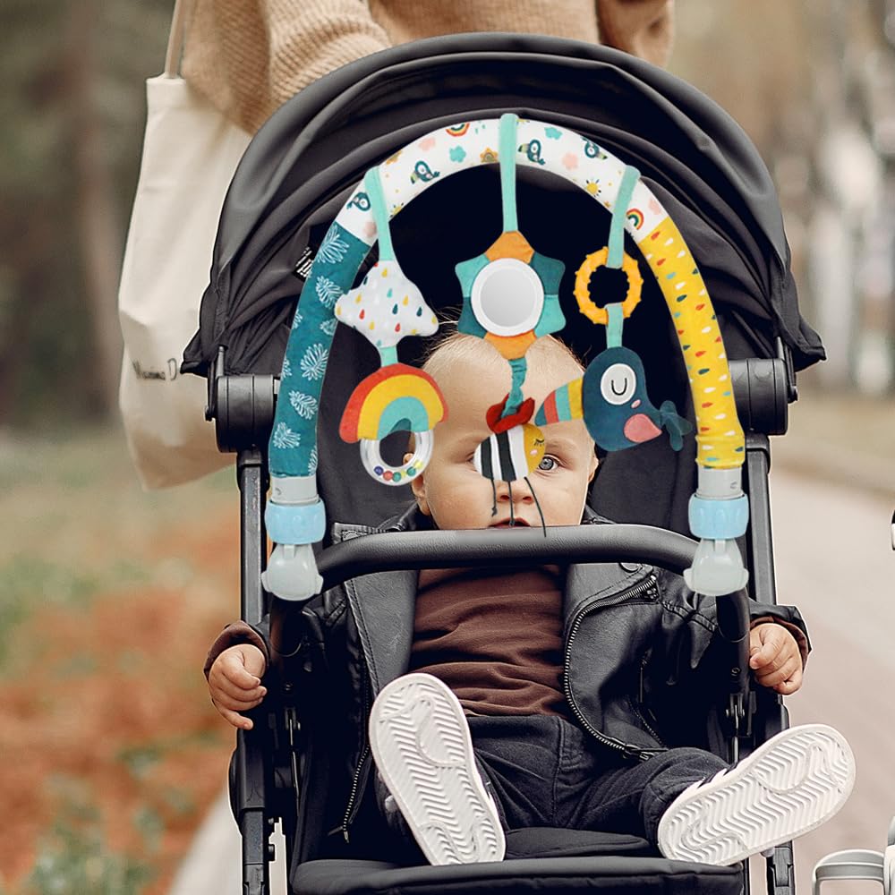 Caterbee Baby Bouncer Toy Bar - Stroller & Crib Activity Arch with Dangling Toys for Infants & Toddlers (Sky Blue) | Perfect for Strollers, Bassinets, and Travel Entertainment