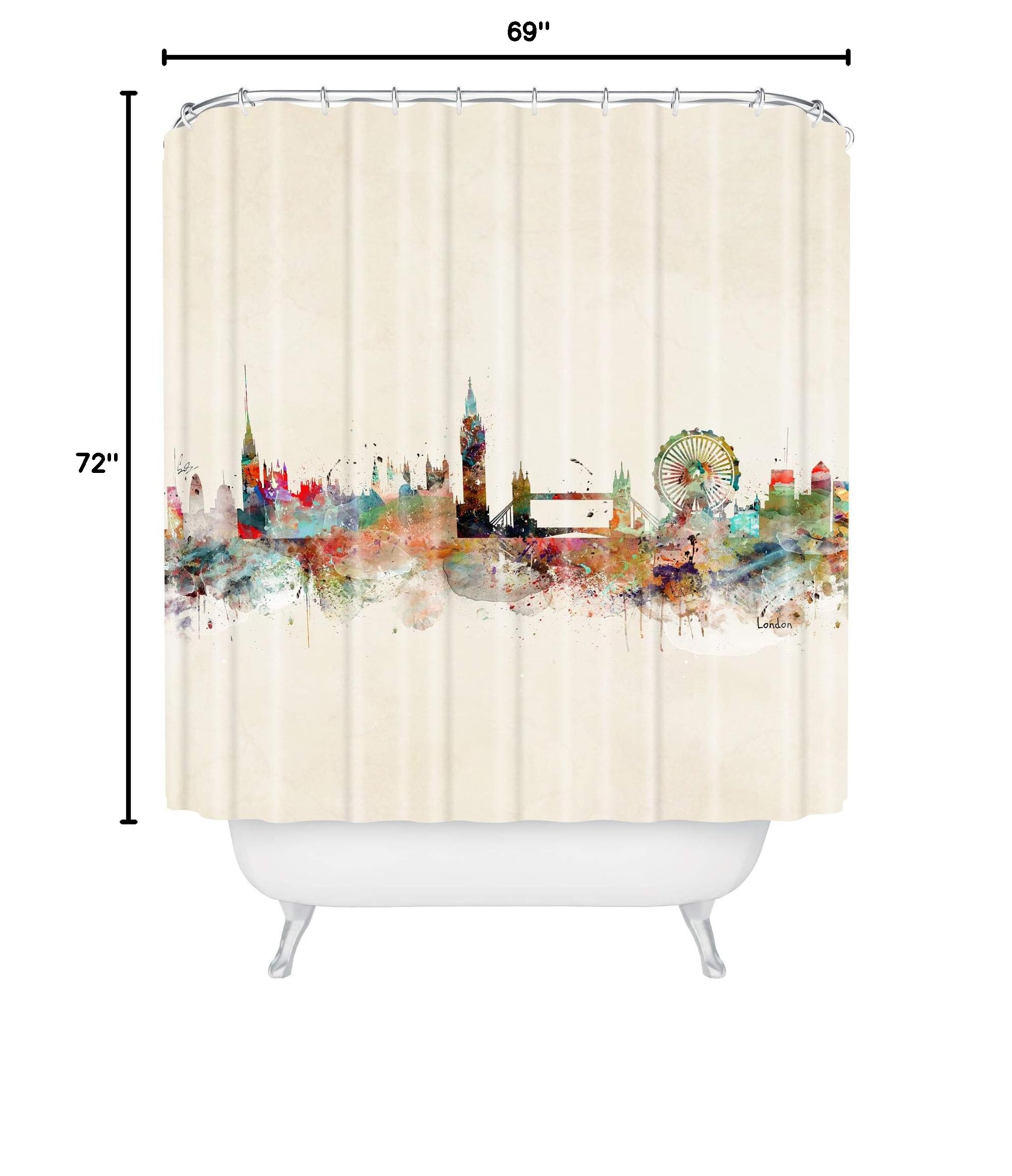 Extra Long Fabric Shower Curtain 72x69 Inches - London City Skyline Bathroom Decor by Bri Buckley | Waterproof & Durable for Modern Bathrooms, Guest Baths & Spa Retreats